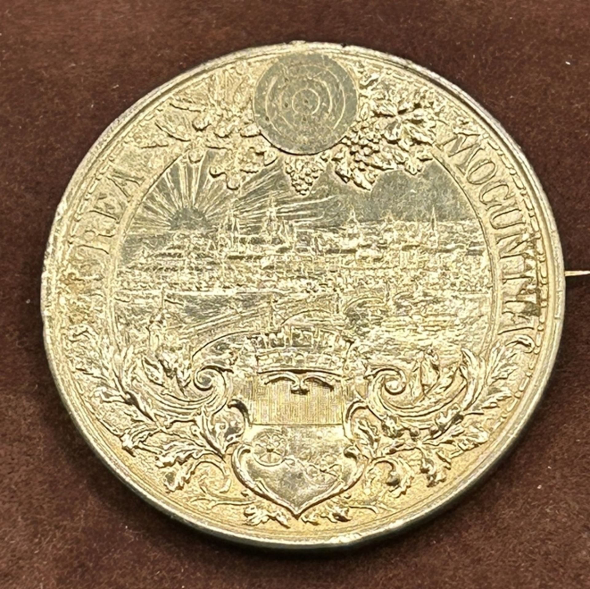 Offizielle Medaille auf das XI. Deutsche Bundesschießen in Mainz 1894 , Silber  vergoldet, mit Nade