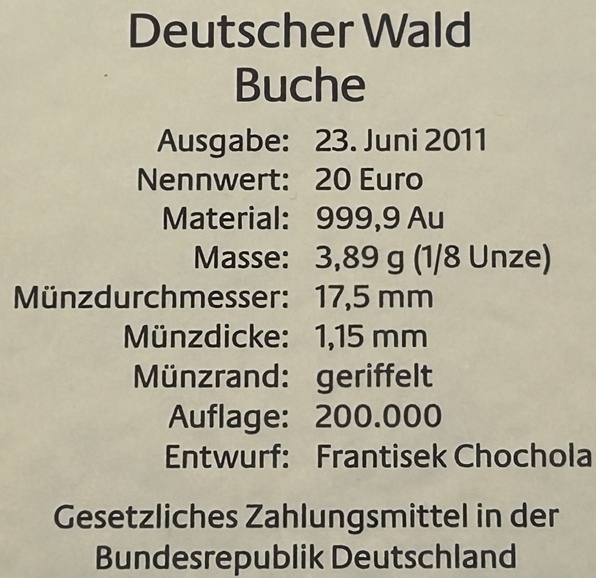 5x  20 Euro  Goldmünzen-999-, Serie der Deutsche Wald, je 3,89 gr. (1/8 Unze) in 2000 Auflage, zus. - Bild 8 aus 8