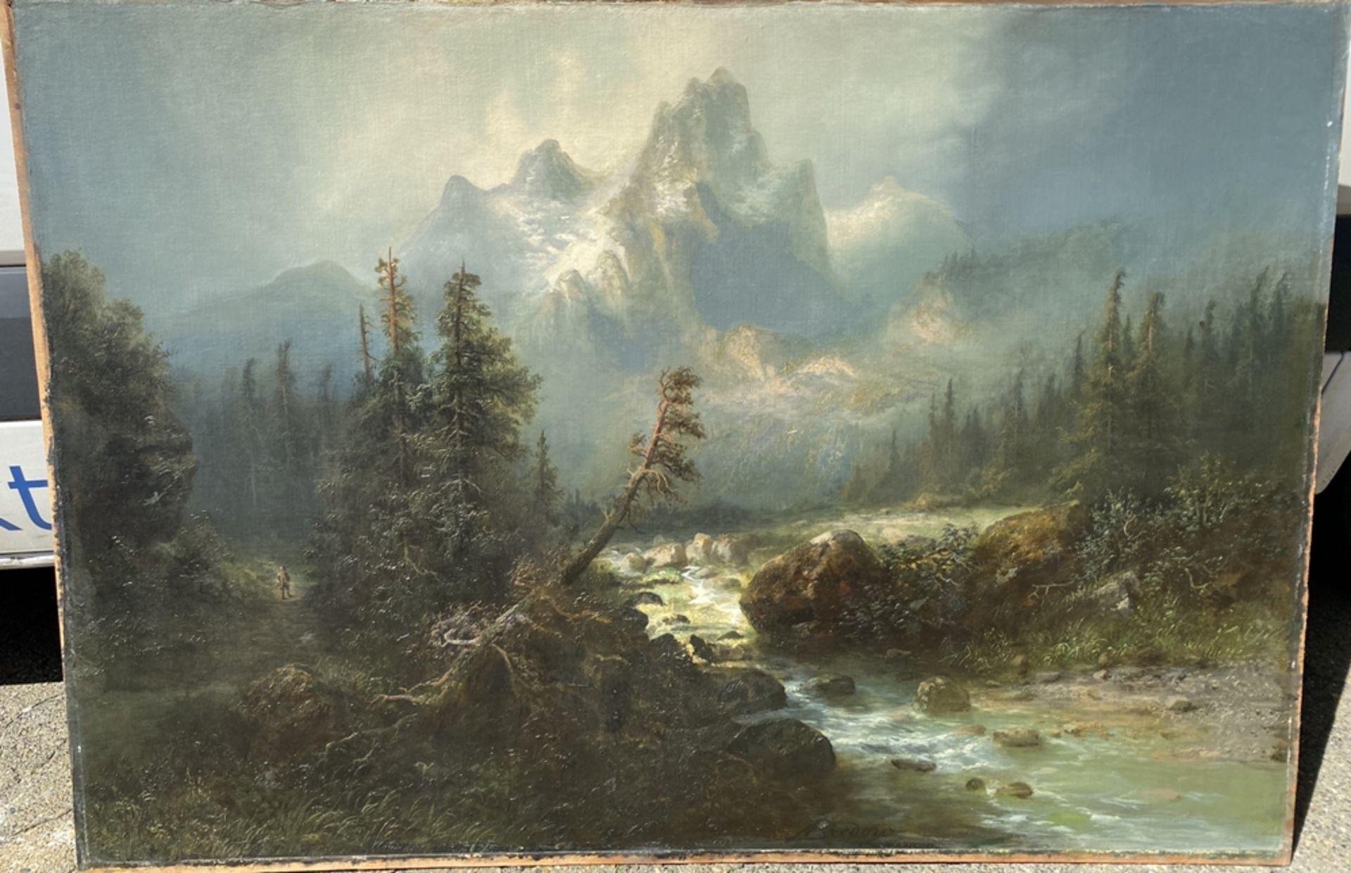 Albert BREDOW (1828-1899) "Alpenszene mit Wildbach", wohl um 1880, Öl/Leinen, doubliert auf Holzpla - Bild 7 aus 11