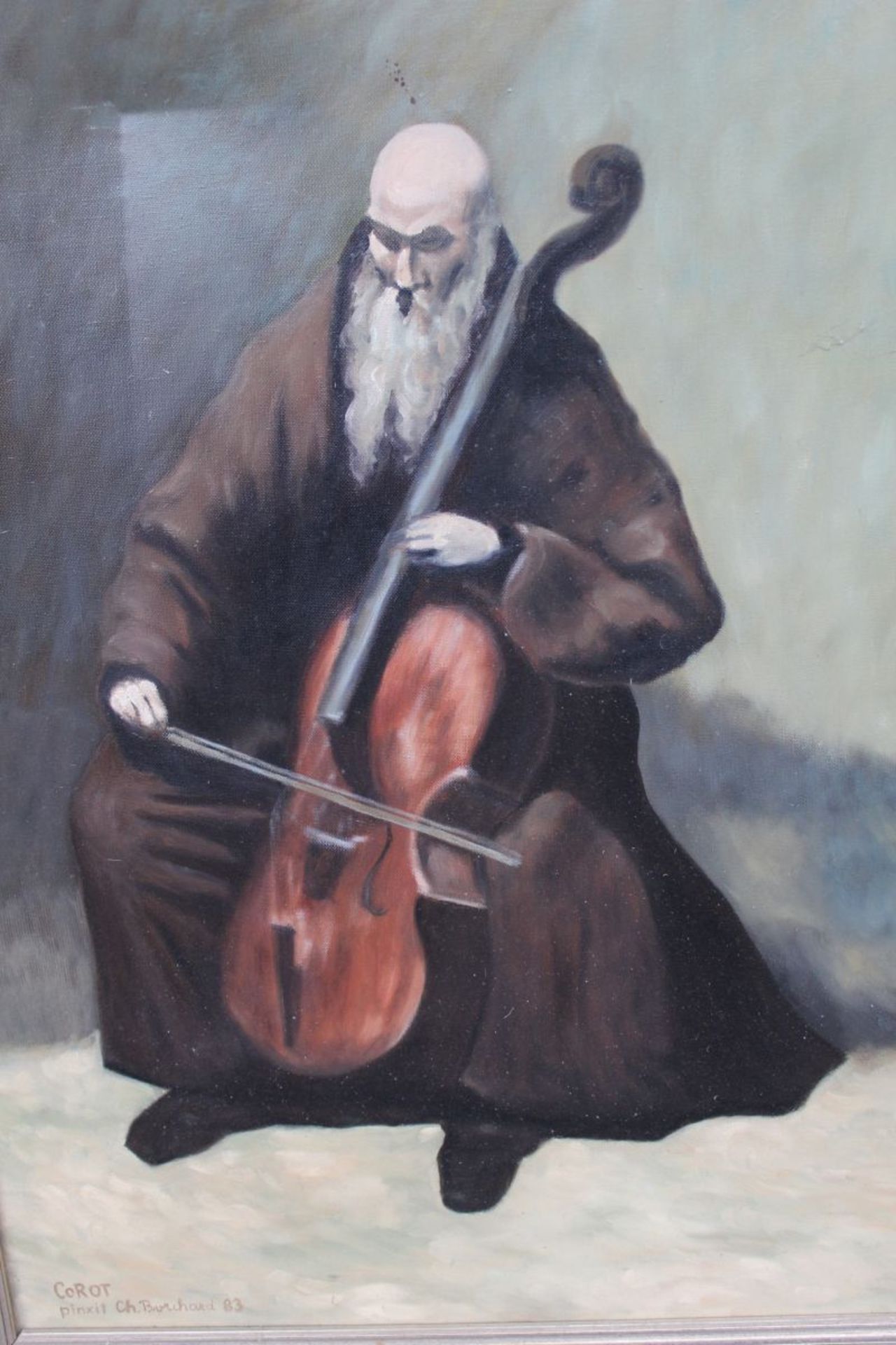 Ch. Borchard (18)83 "Cellospieler" Kopie nach Corot, Öl/Leinen, alt gerahmt, RG 82x63 cm - Bild 2 aus 5