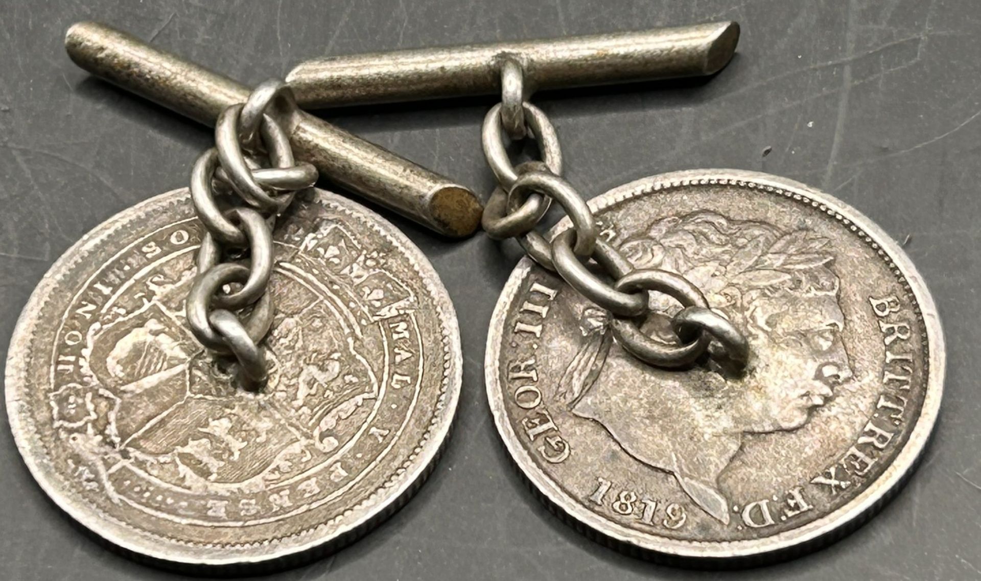 Paar Münz-Manchettenknöpfe aus Silber, Georg III von England 1816/19, Silber Shilling - Bild 2 aus 3