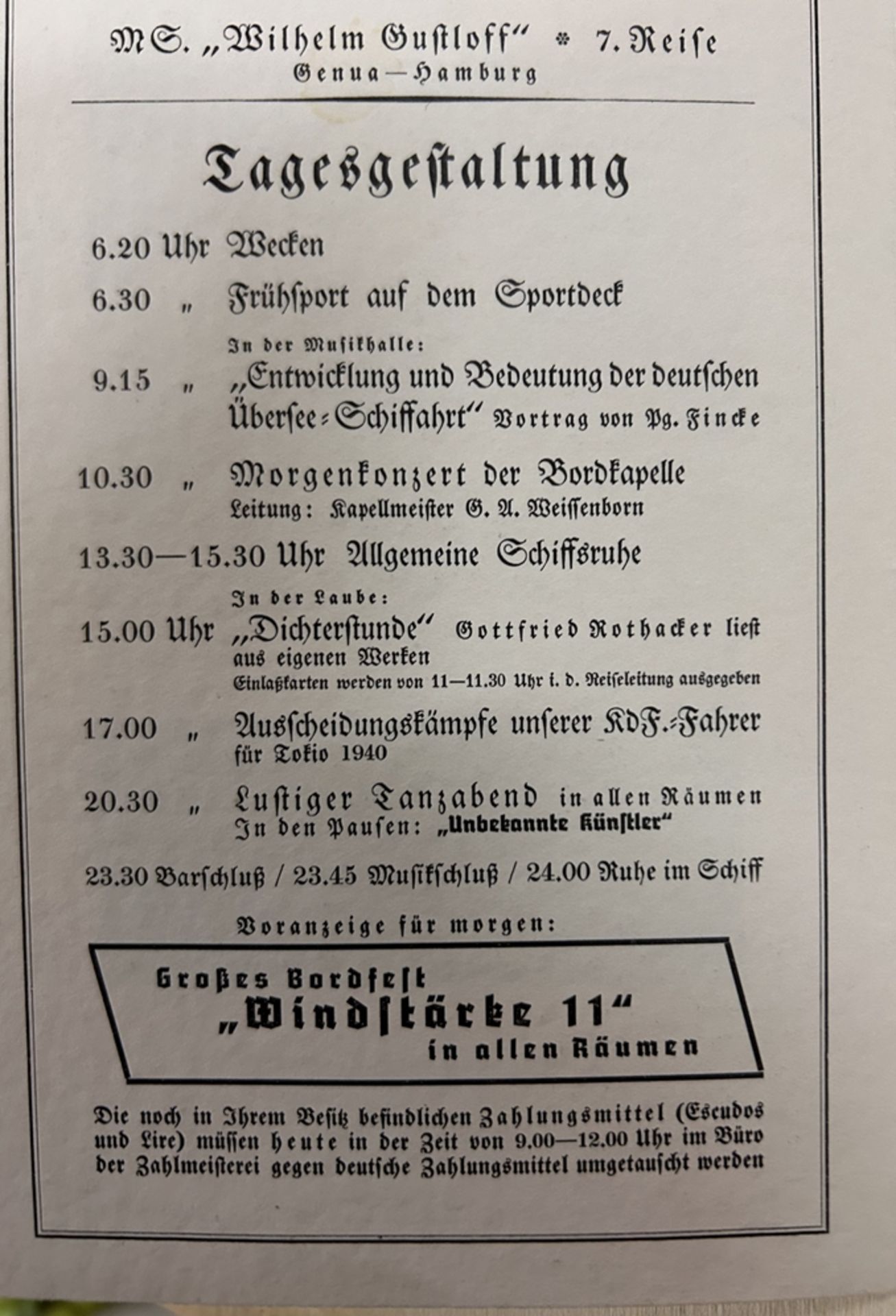 Tagesordnung und Speisekarte des KdF Dampfers Wilhelm Gustloff, 7.Reise, 11.Juli 1938 (am 30.Jan. 1 - Bild 2 aus 3
