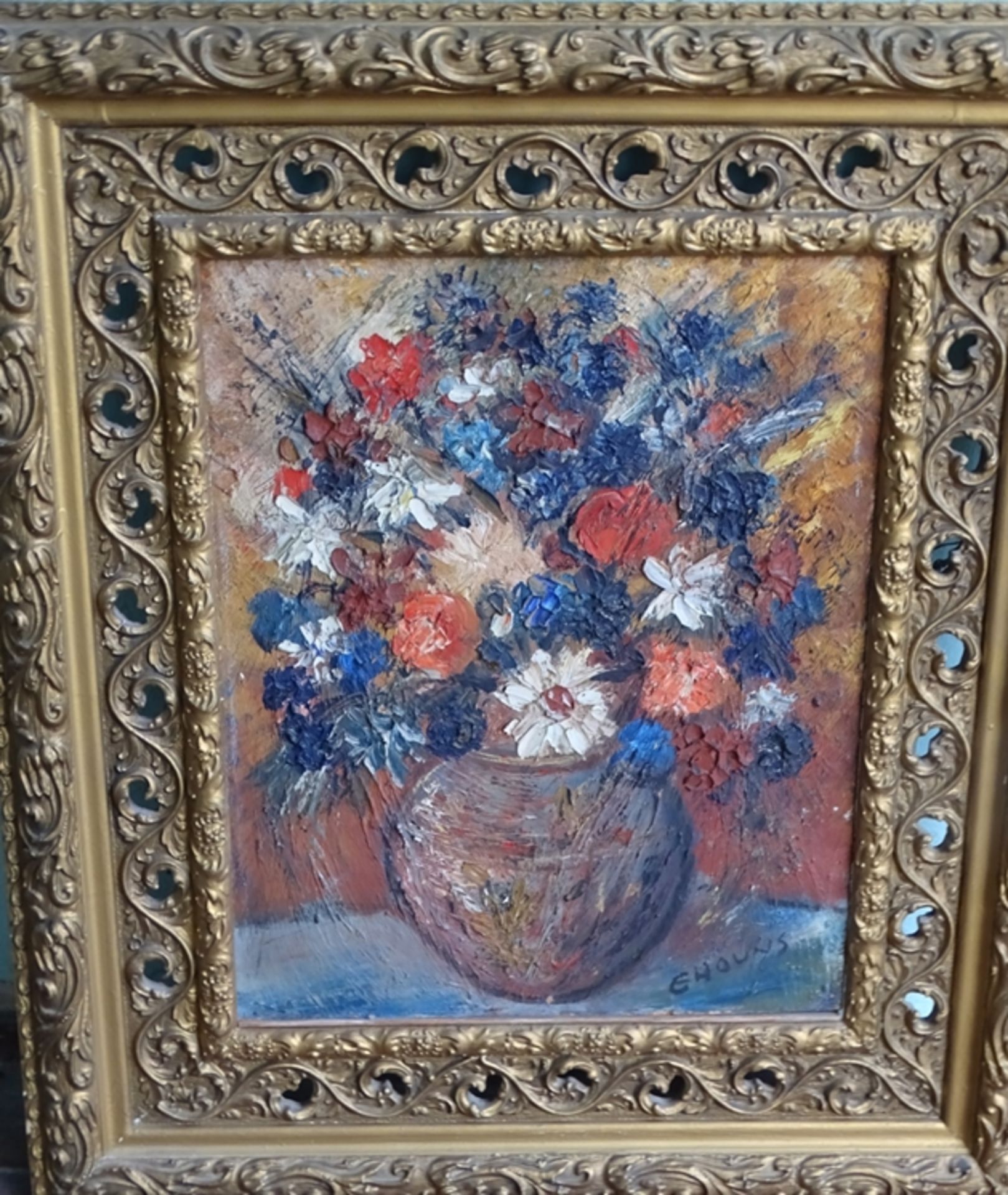 Ehouns "Blumensilleben" Öl/Malfaser, gerahmt, RG 80x67 cm
