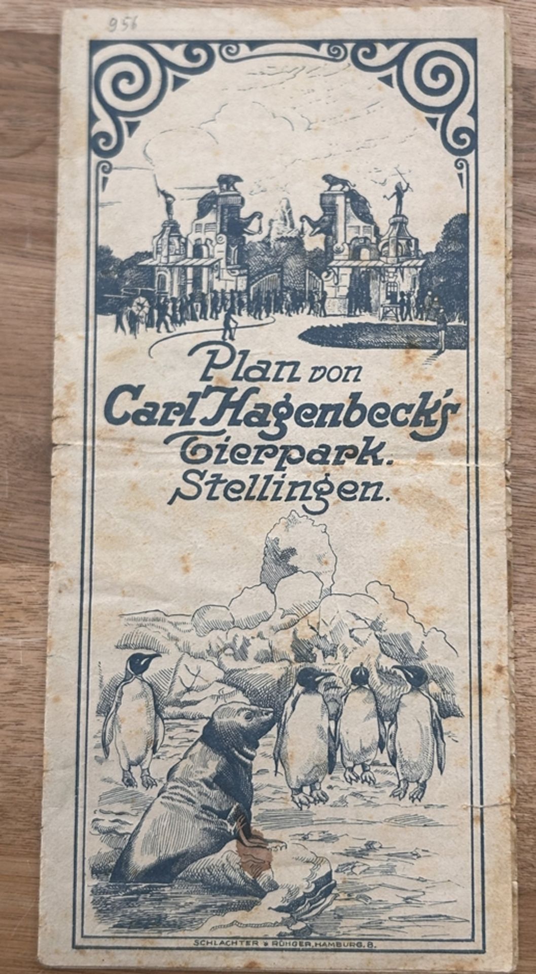 Plan von Carl Hagenbeck Tiergarten, Stellingen. Faltplan um 1910?, etwas fleckig, 21x10 cm