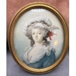 ovales Miniaturportrait einer jungen Frau in Messingrahmen, 19.Jhd,  8x6 cm