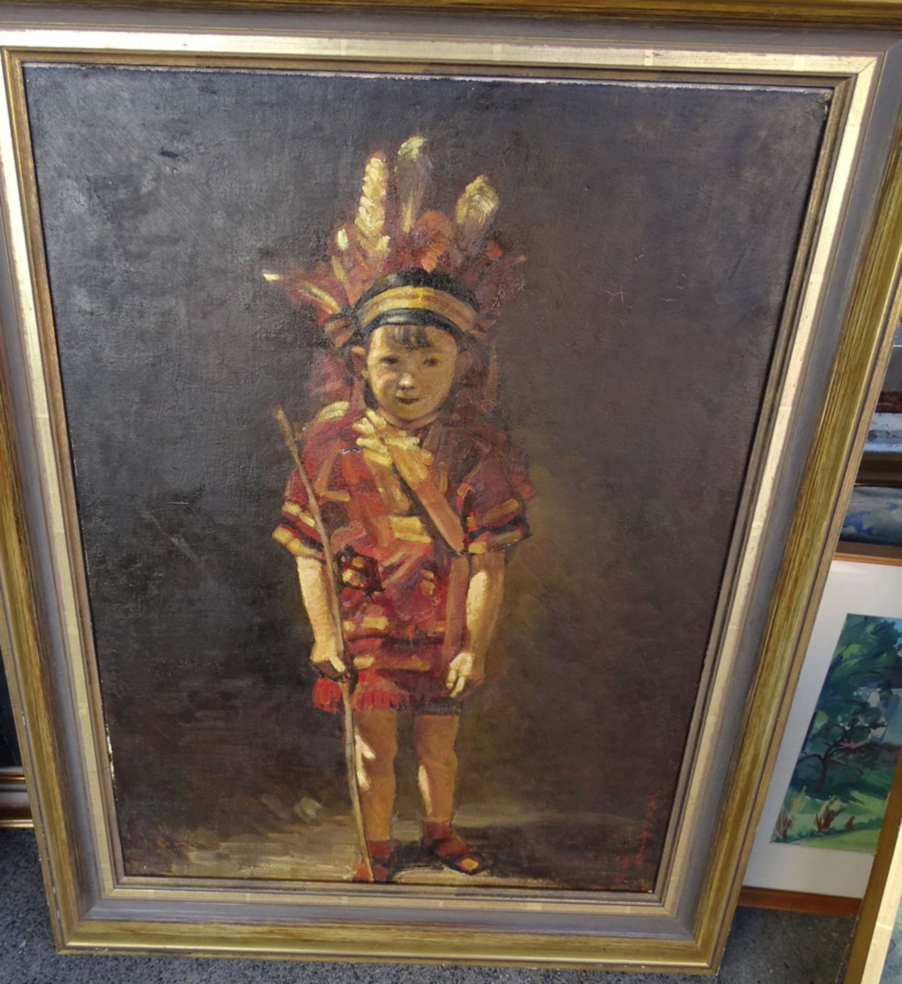 chines. signiert "kl. Junge als Indianer" Öl/Leinen, gerahmt, RG 82x61 cm - Bild 6 aus 6