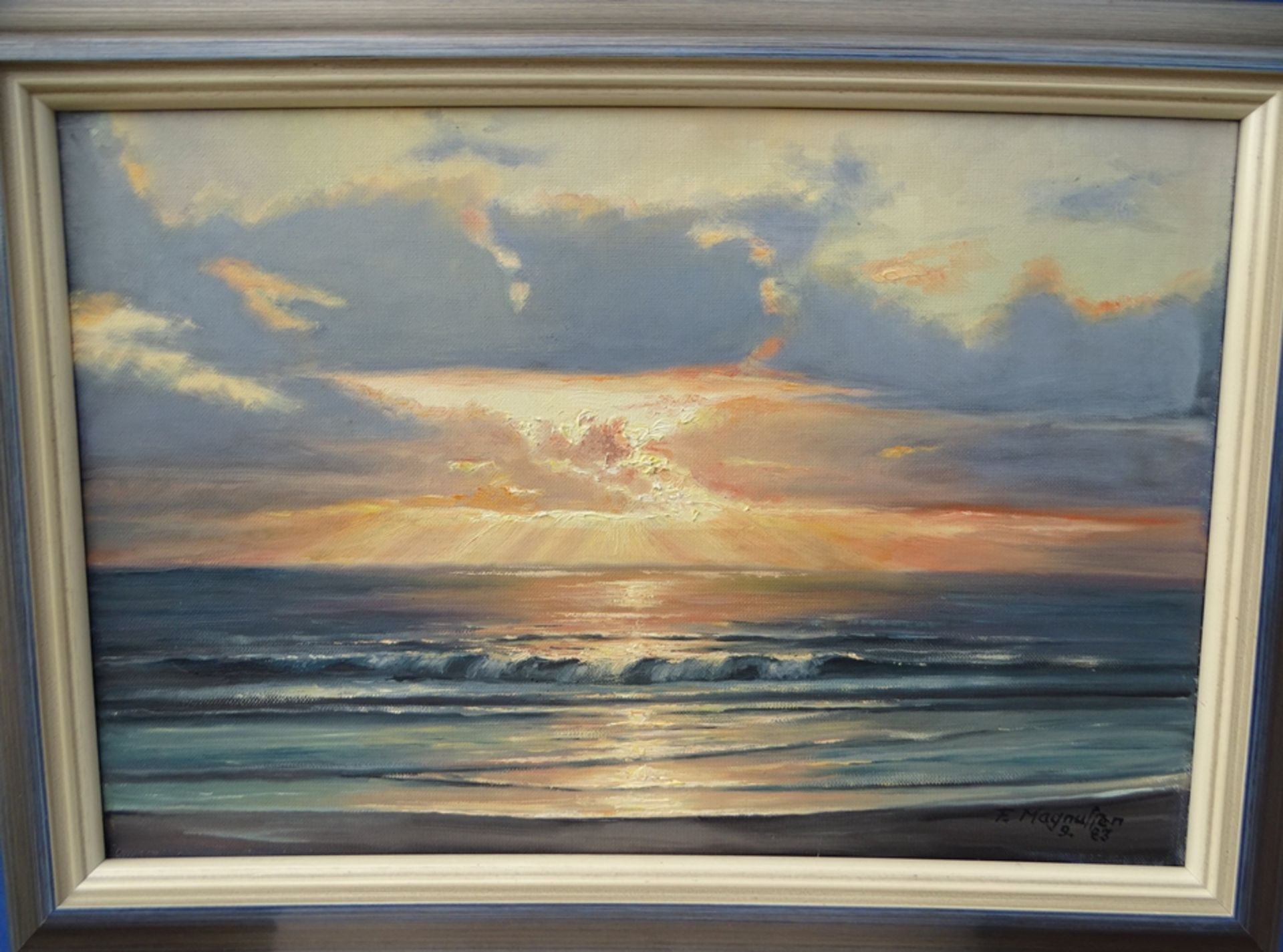 F. Magnussen, 1983 "Seestück mit Sonnenuntergang" Öl/Leinen, gerahmt, RG 34x46 cm