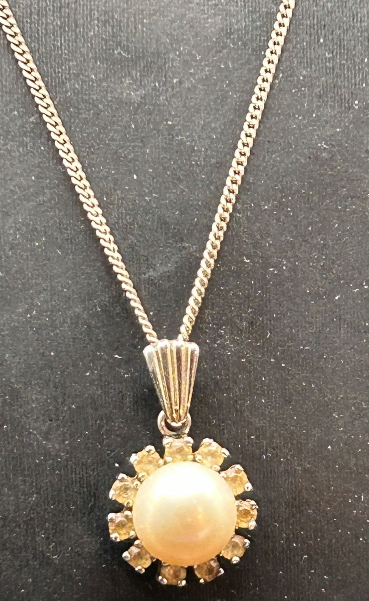 Silber-Halskette mit Anhänger, Halbperle und klare Steine-925-, L-42 cm, 7,1 gr.