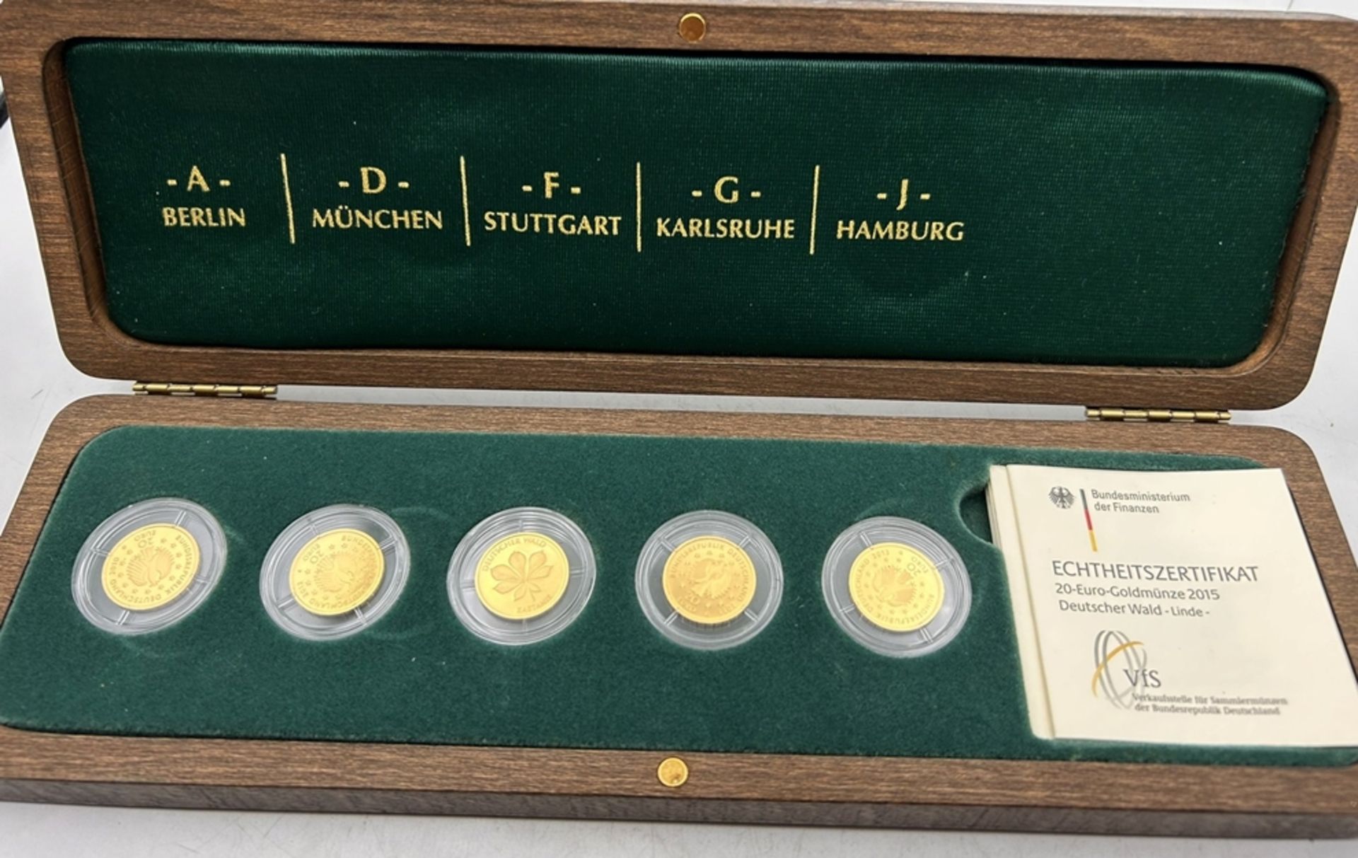 5x  20 Euro  Goldmünzen-999-, Serie der Deutsche Wald, je 3,89 gr. (1/8 Unze) in 2000 Auflage, zus. - Bild 2 aus 8