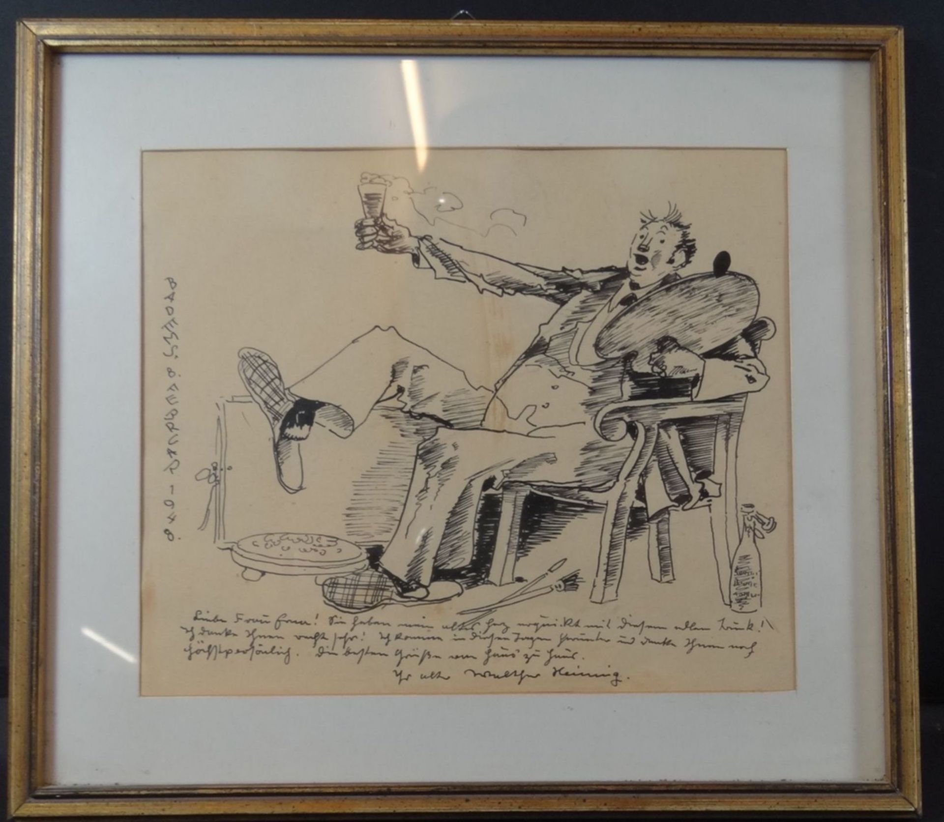 Walter HEIMIG (1881-1955), 1948   "Karikatur mit Widmung", Federzeichnung, ger/Glas, RG 24x27 cm