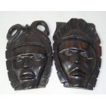 2 Wandmasken, Tropenholz, 23x15 cm