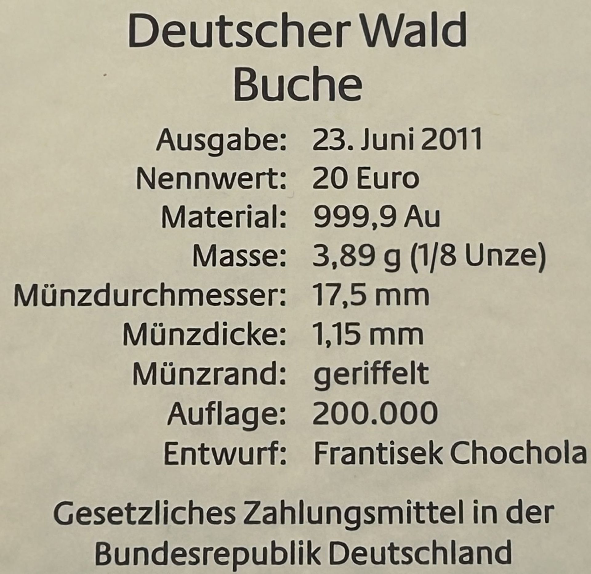 6x 20 € Goldmünzen-999-, Serie Der Deutsche Wald, mit Zertifikat, je 3,89 gramm (1/8 Unze), alle mi - Bild 6 aus 6