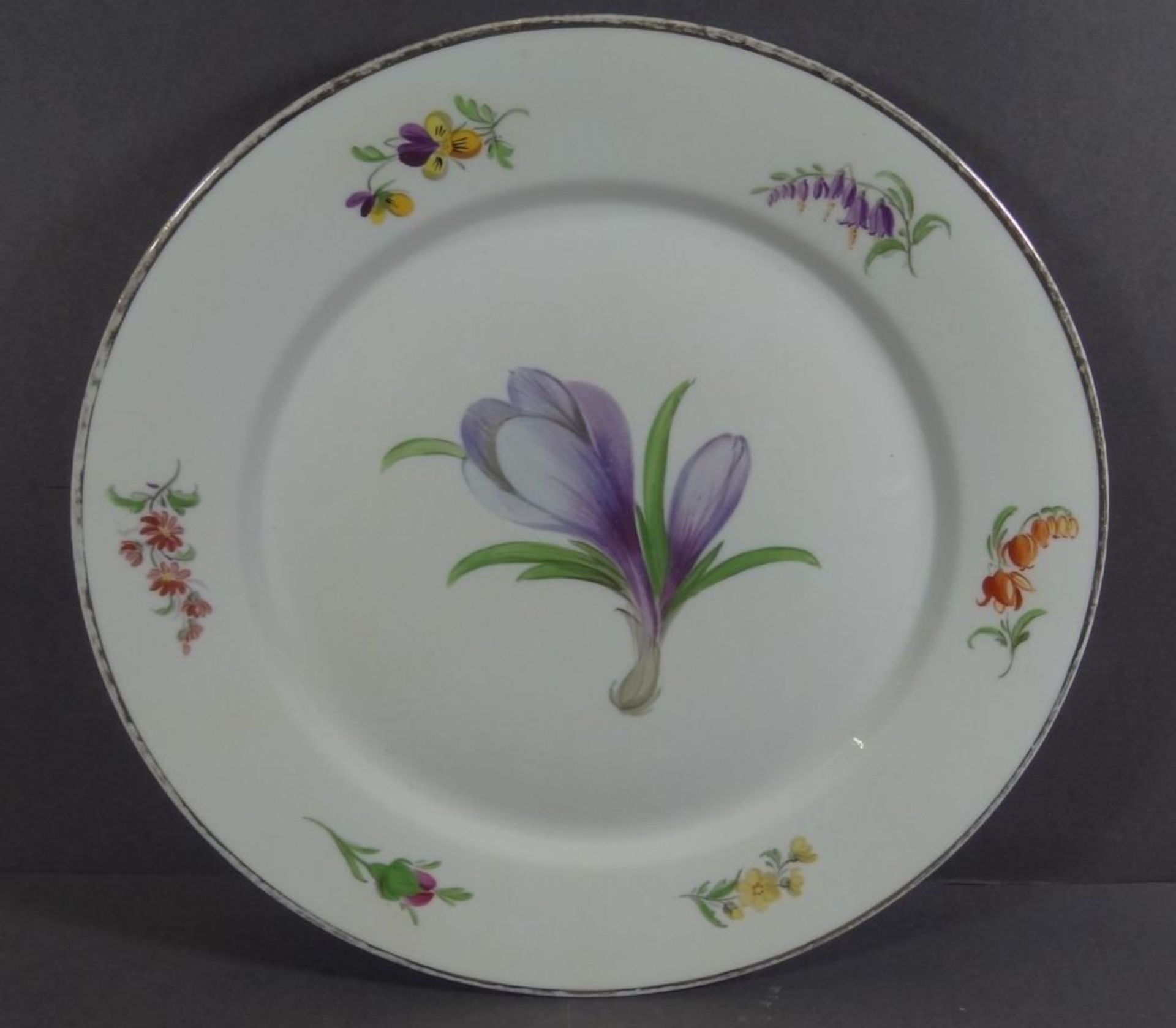 Speiseteller "Meissen" Blumenmalerei, Knaufschwerter, 2x durchschliffen, Goldrand berieben, D-26,5