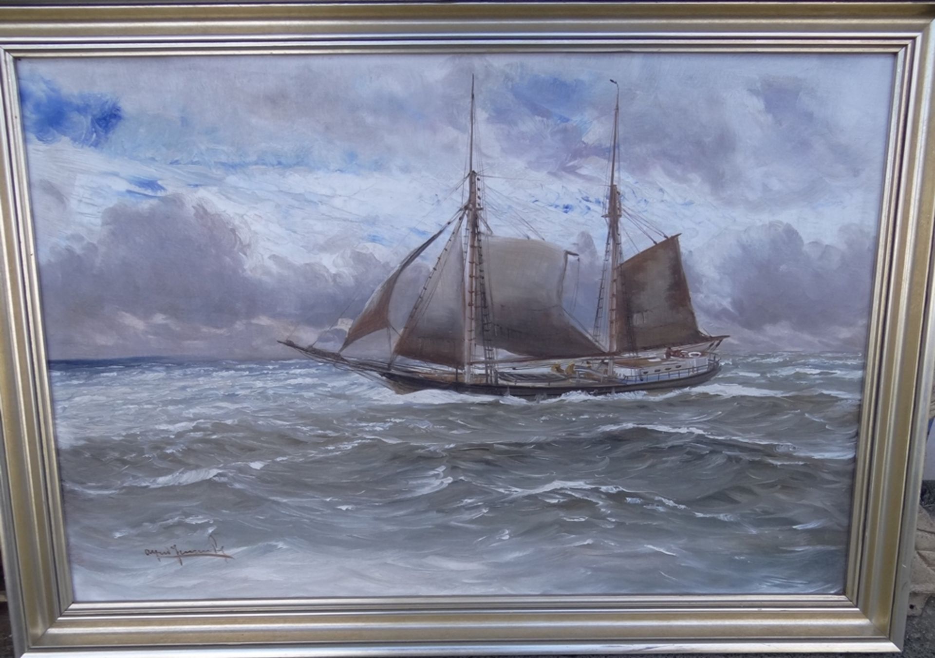 Alfred JENSEN Prof. (1859-1935) "Segelschiff" Öl/Leinen doubliert, gerahmt, RG 60x88 cm - Bild 2 aus 3