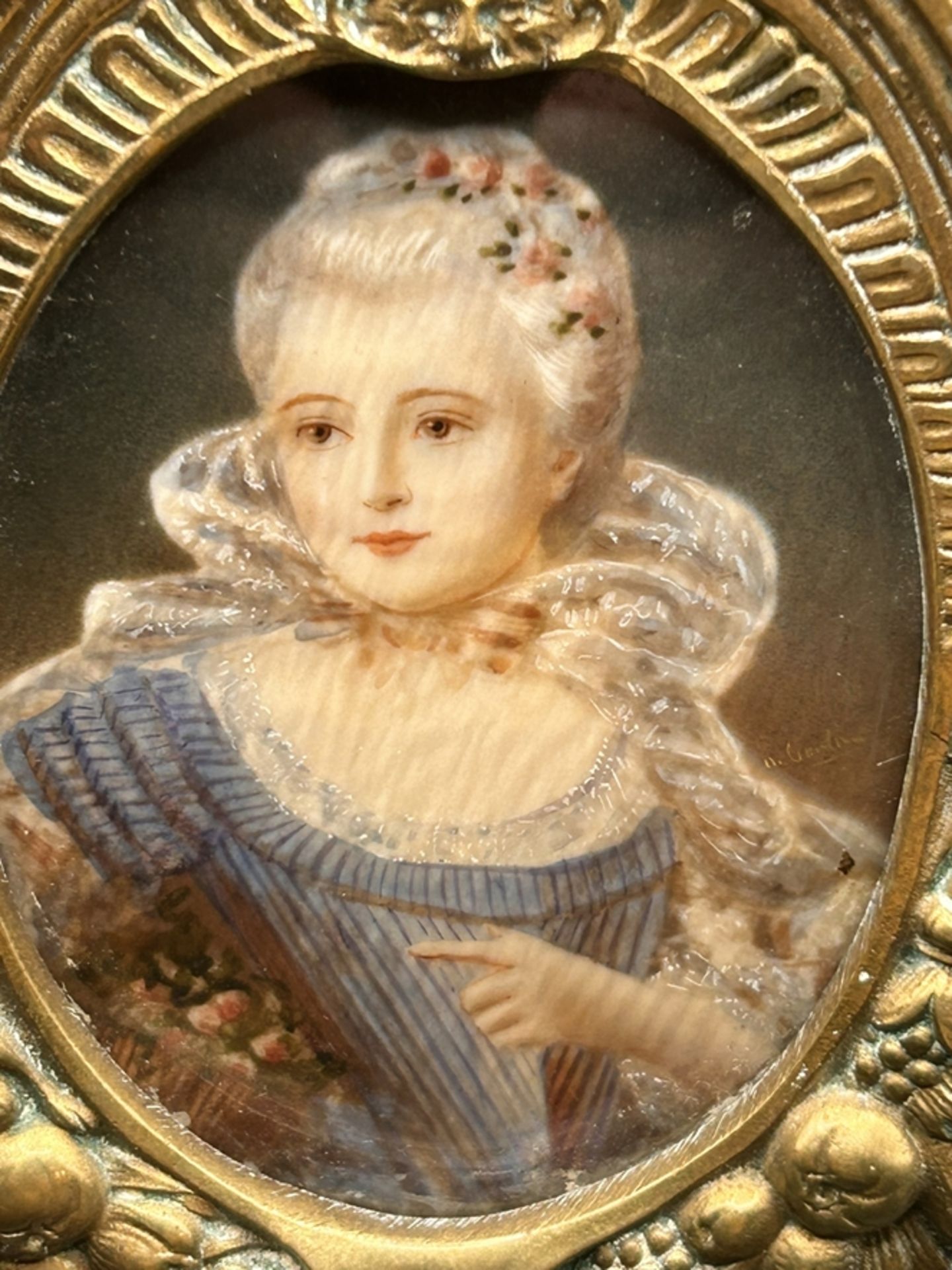 anonymes miniaturportrait um 1840 in massiven Messingrahmen/Glas, RG ca. 10x8 cm - Bild 3 aus 4