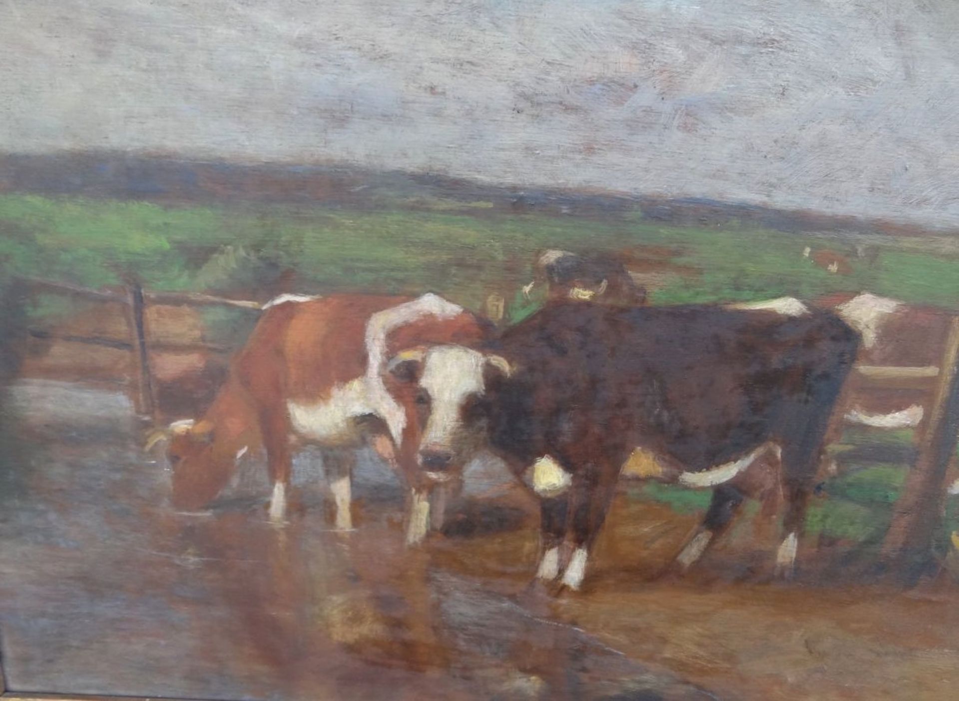 F.Appoli, "Kühe an der Tränke" Öl/Holz, gerahmt, RG 66x76cm, wohl 19.Jhd. - Bild 3 aus 5