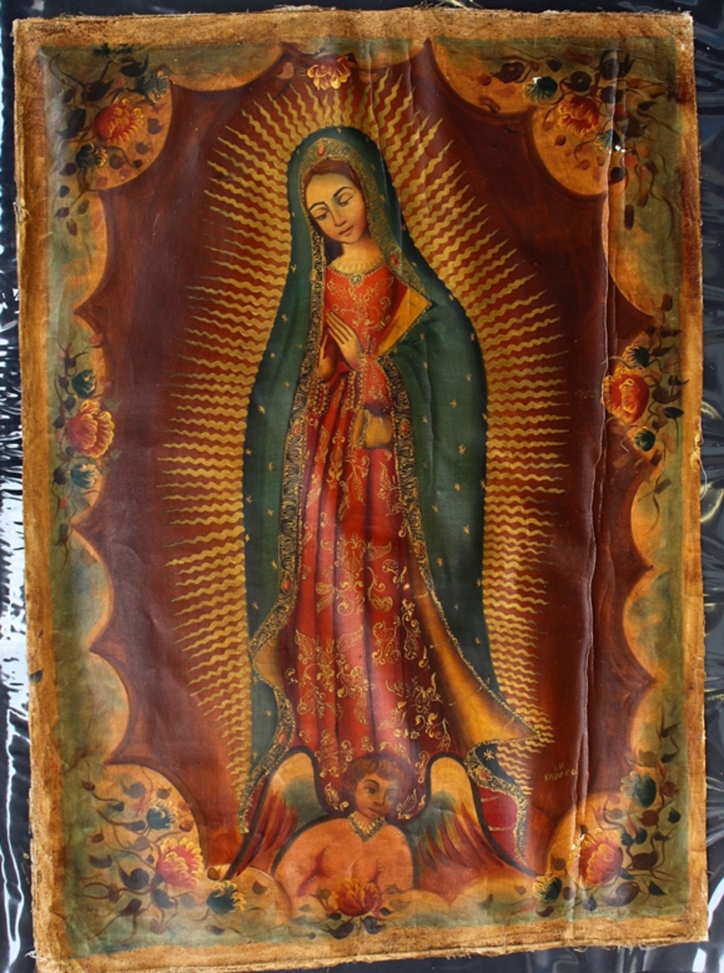 Victor Navarro, christl. Motiv Madonna mit Engel Öl/Leinen, wohl 19.Jhd?, 75x54 cm, Faltstelle