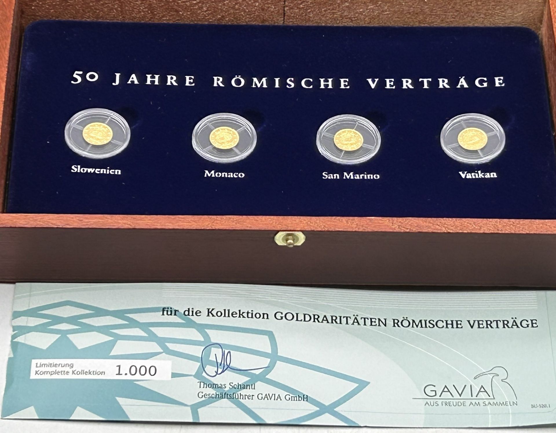 4 Goldmünzen , 50 Jahre römische Verträge, in 1000 Auflage, mit Zertifikat, je 0,5 gr., Gold-999