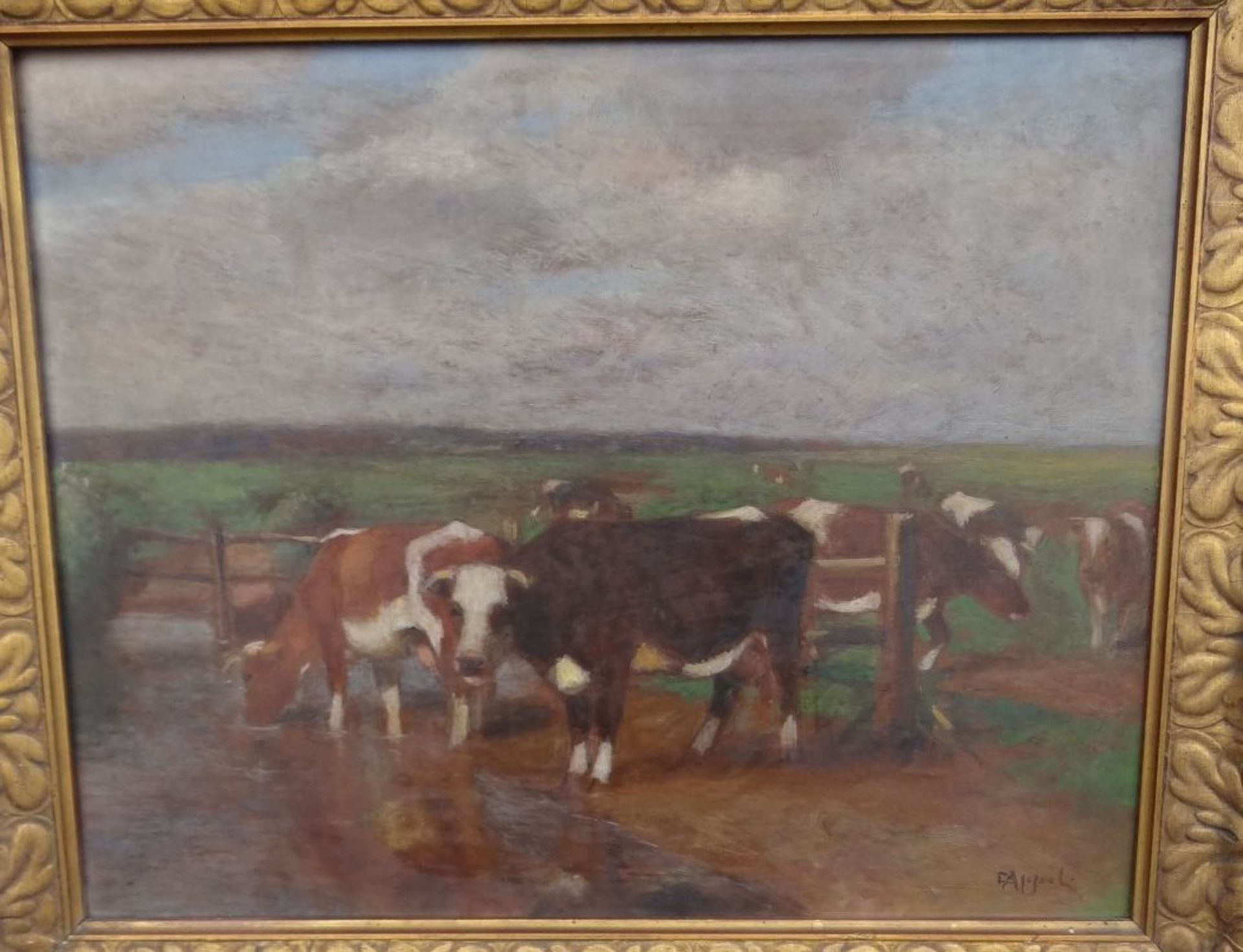 F.Appoli, "Kühe an der Tränke" Öl/Holz, gerahmt, RG 66x76cm, wohl 19.Jhd. - Bild 2 aus 5