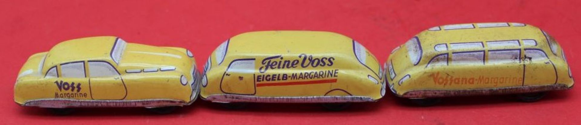 3x kl. Blechautos "Voss"Margarine, tw. bespielt, L-7 cm, Vorkrieg