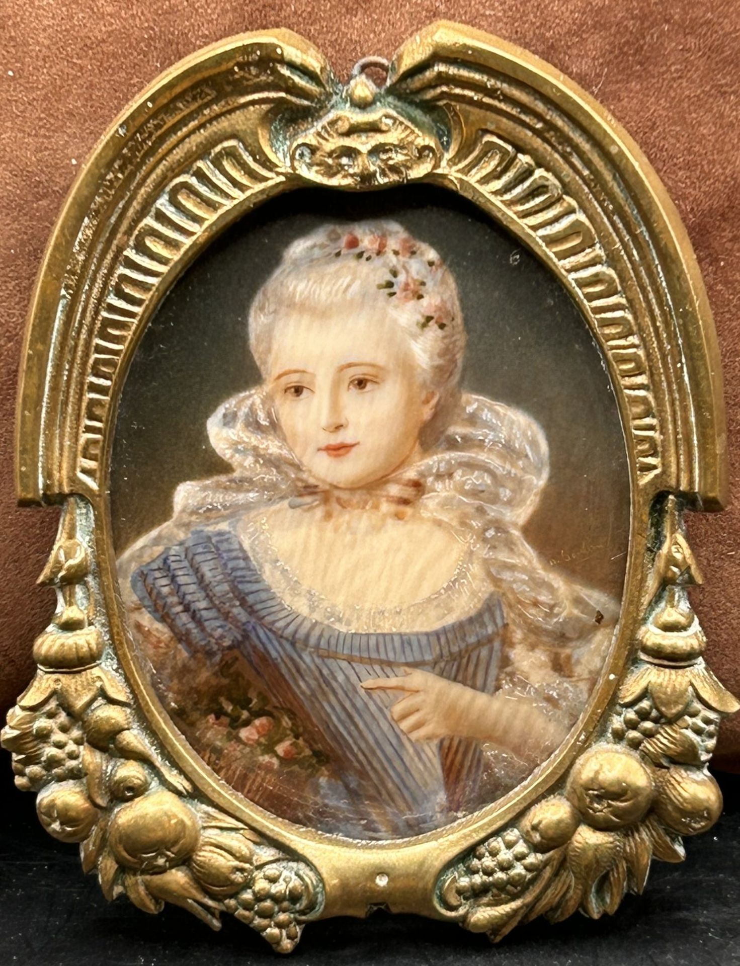 anonymes miniaturportrait um 1840 in massiven Messingrahmen/Glas, RG ca. 10x8 cm