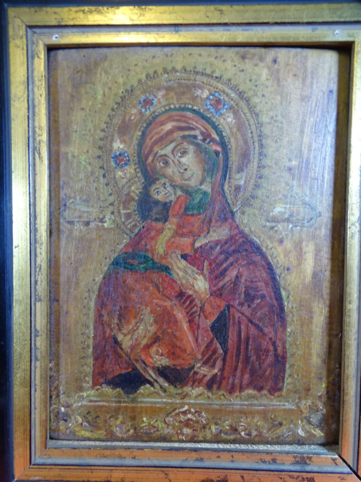 griechische Ikone, Muttergottes mit Kind, auf Holz, 24x18 cm, gerahmt, RG3 6x29 cm - Bild 2 aus 4