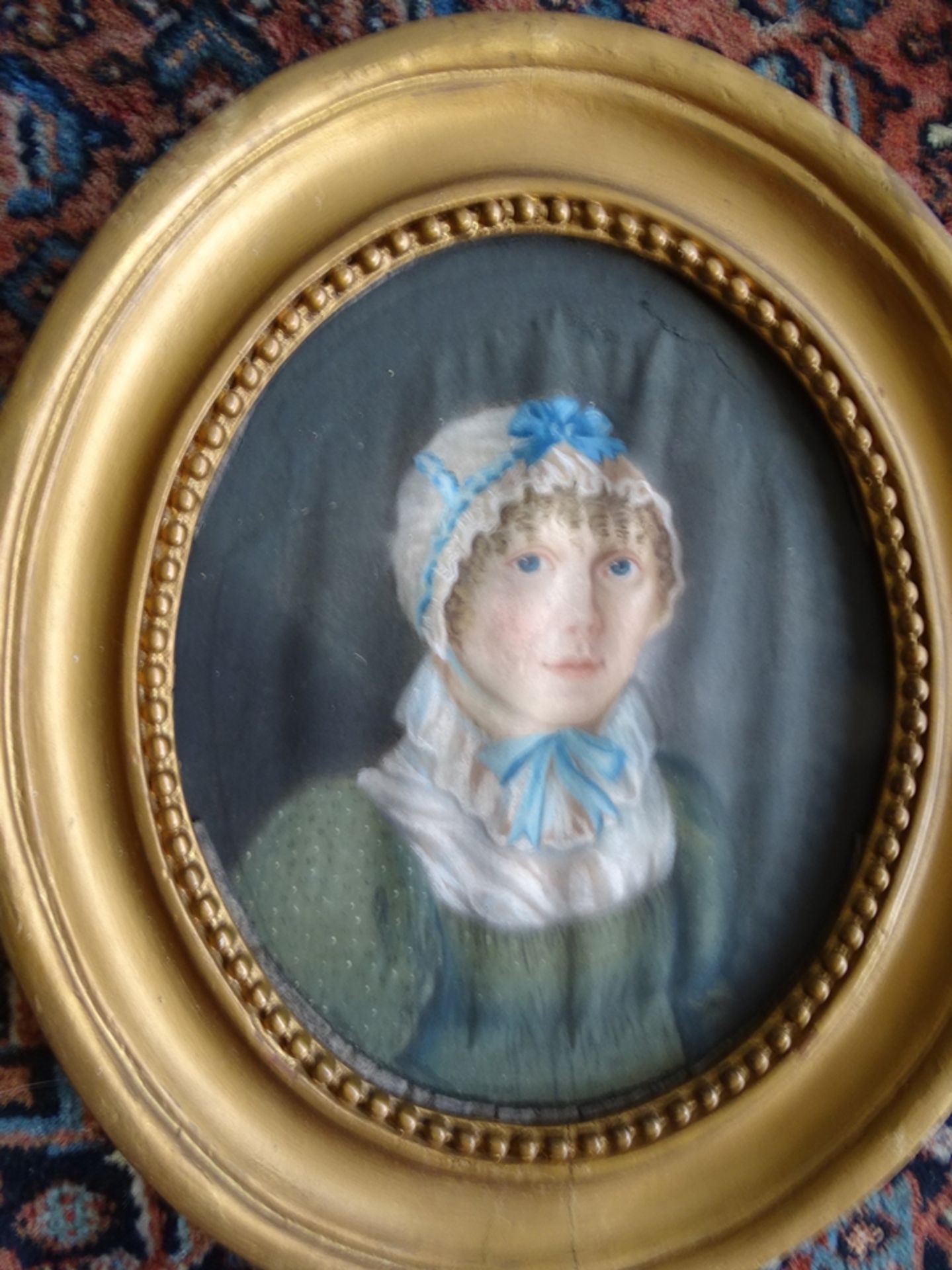 Paar anonyme Biedermeierportraits, Herr und Frau Knochenhauer  aus Oldenburg, oval  gerahmt/Glas, R - Bild 3 aus 6