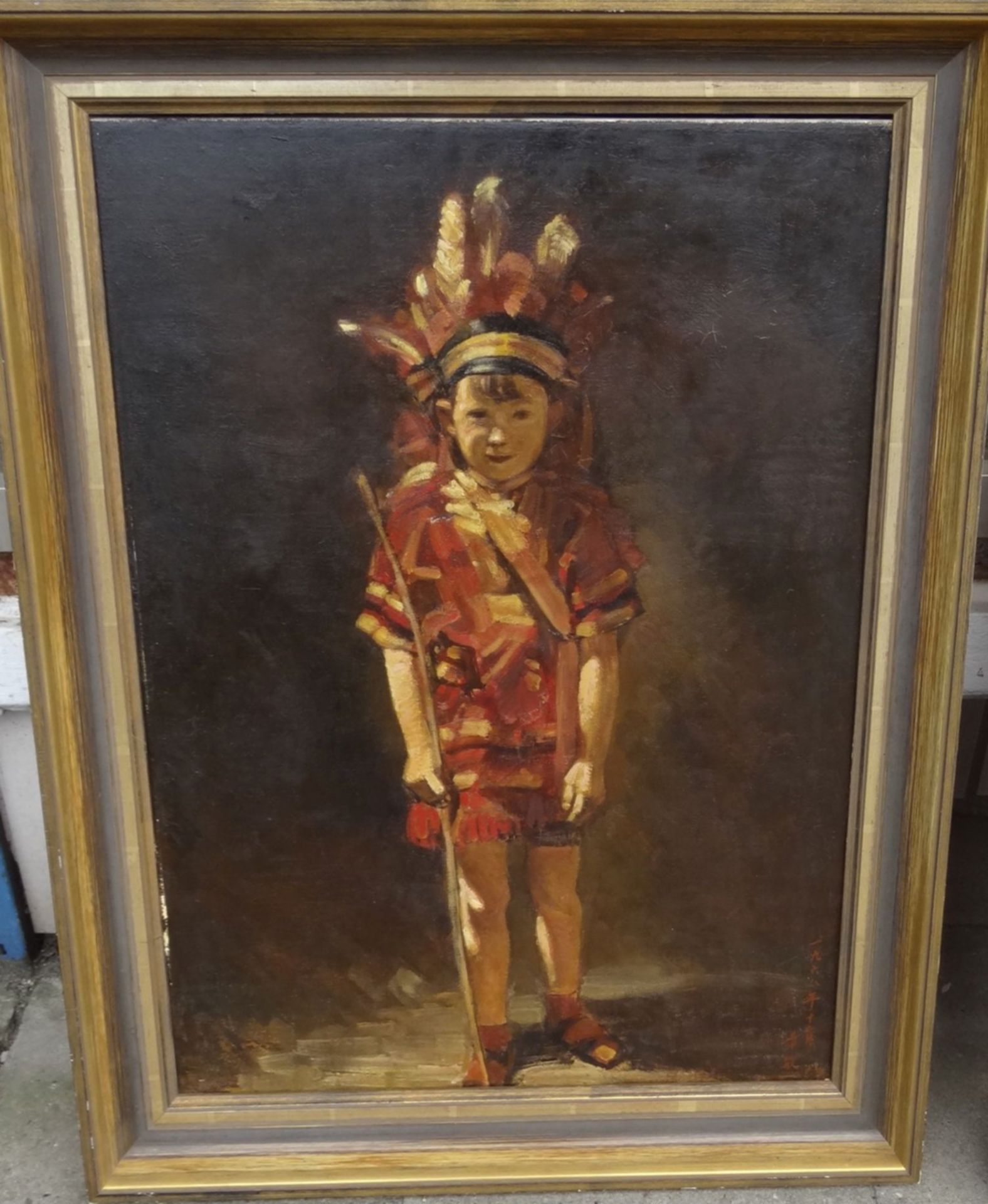 chines. signiert "kl. Junge als Indianer" Öl/Leinen, gerahmt, RG 82x61 cm