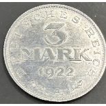 3 Mark, Deutsches Reich 1922, Aluminium