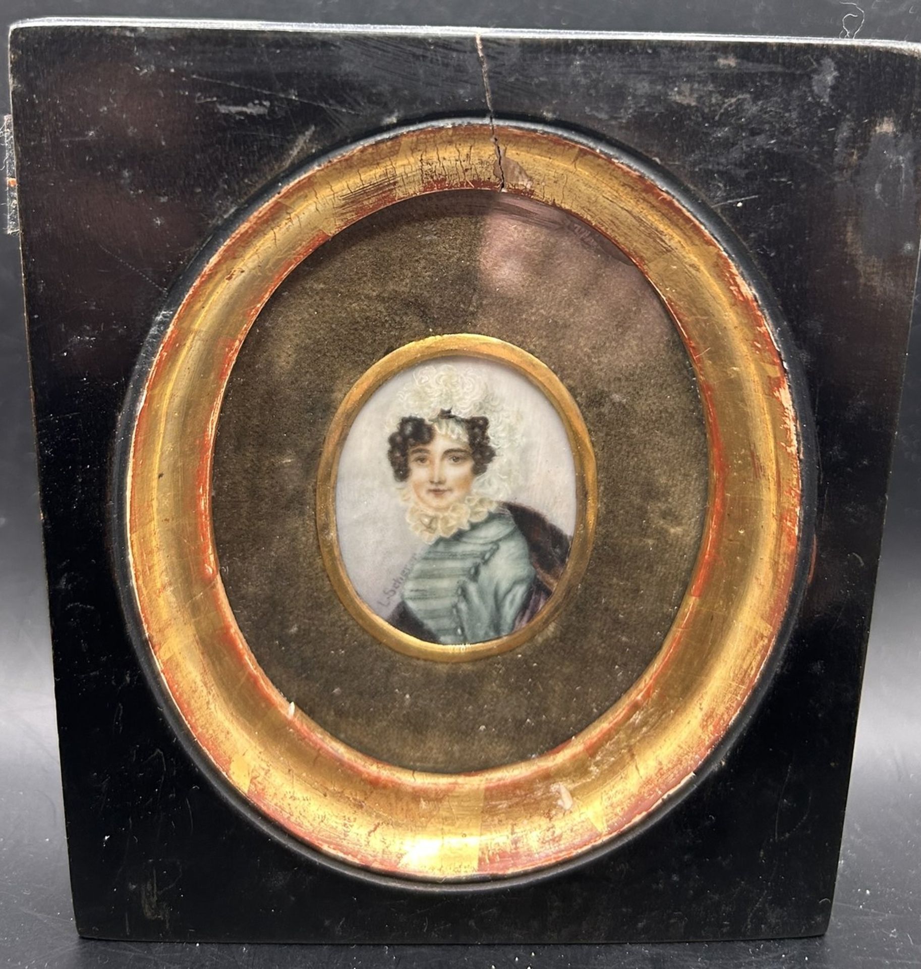 L. Scherer, Miniaturportrait einer jungen Frau, um 1850, verso bezeichnet "nach Carl von Saar" 1828 - Bild 2 aus 3