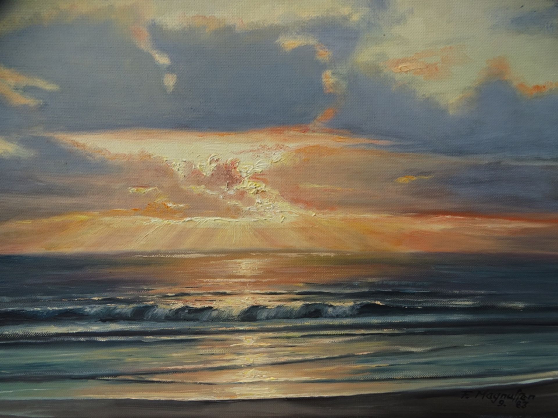 F. Magnussen, 1983 "Seestück mit Sonnenuntergang" Öl/Leinen, gerahmt, RG 34x46 cm - Bild 2 aus 4