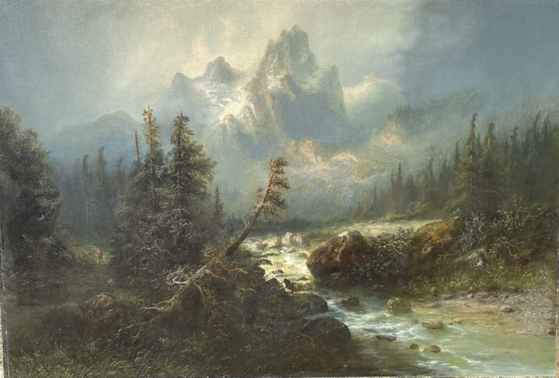 Albert BREDOW (1828-1899) "Alpenszene mit Wildbach", wohl um 1880, Öl/Leinen, doubliert auf Holzpla