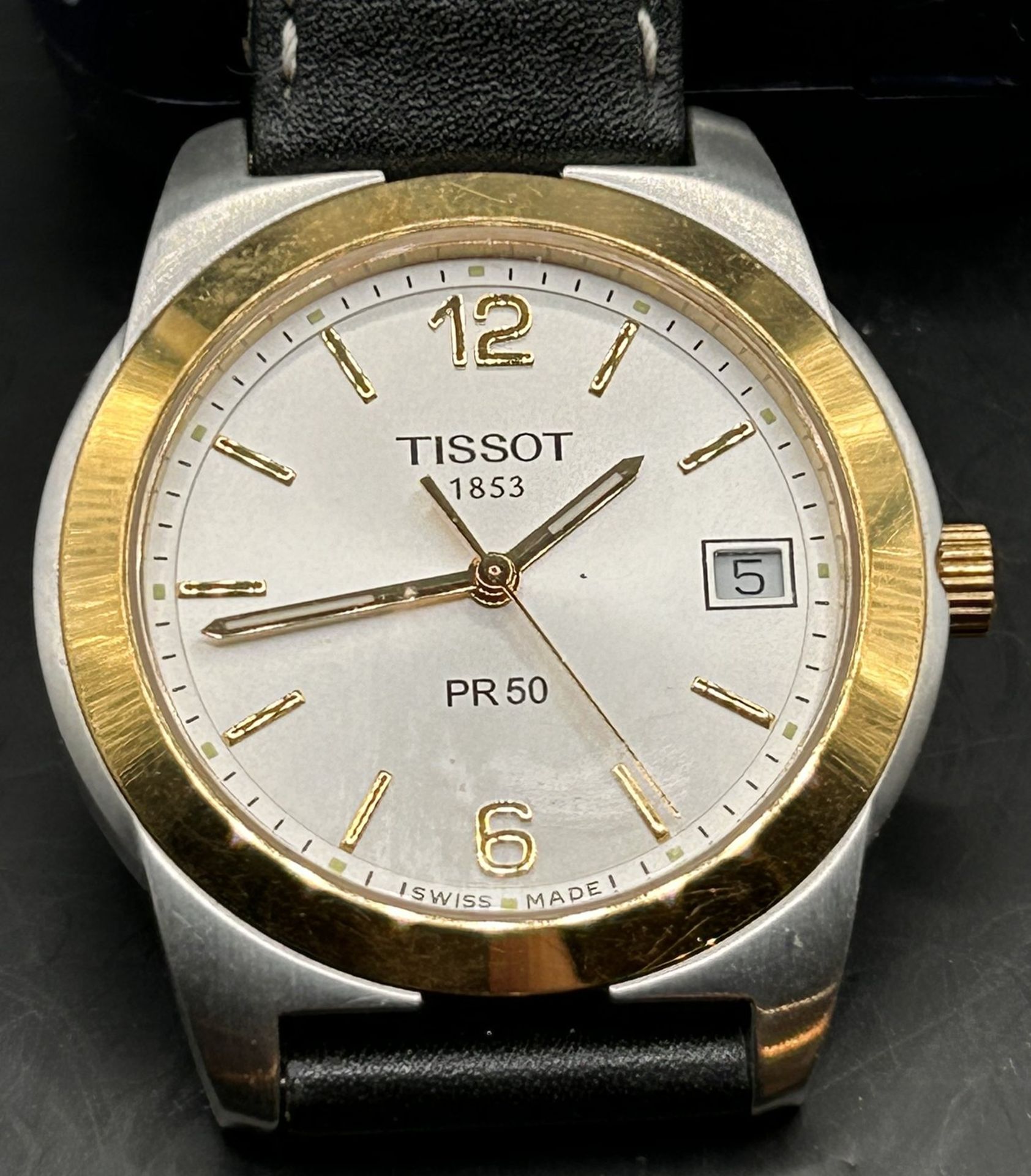 Quartz HAU "Tissot" 1853, PR  50, Lederband, optisch sehr gut erhalten, Funktion nicht geprüft - Bild 2 aus 4