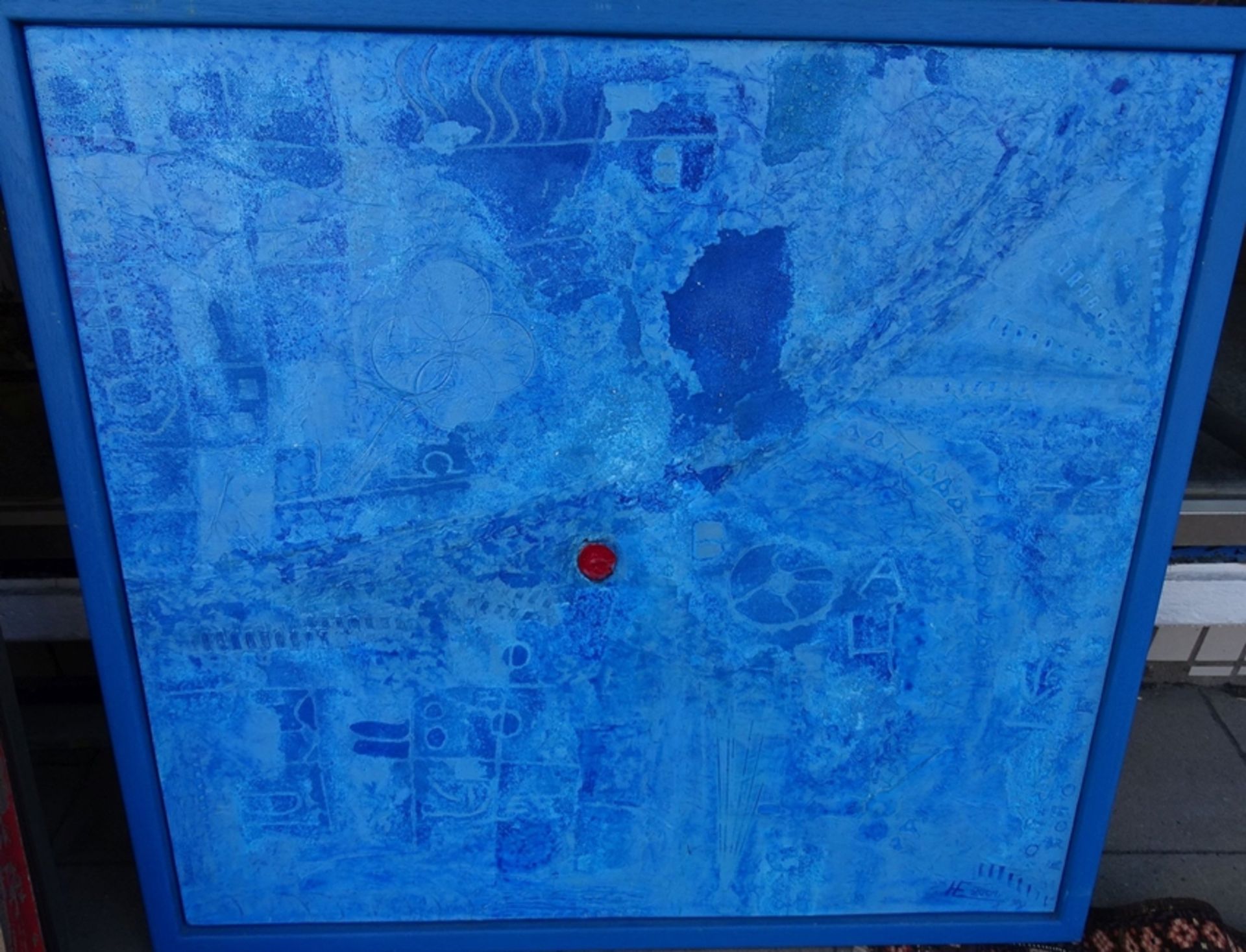 unleserl. verso signiert "Composition blau", vorne Monogramm, 109x110 cm, Öl/Platte, gerahmt - Bild 3 aus 6
