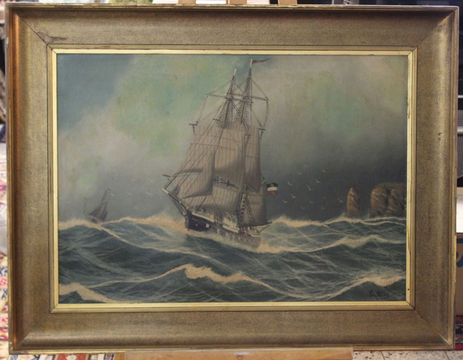 C.Selig, Segler vor Helgoland in schwerer See, Öl/Holz, gerahmt, RG 85,5 x 111cm. Sperrgut! - Bild 3 aus 4