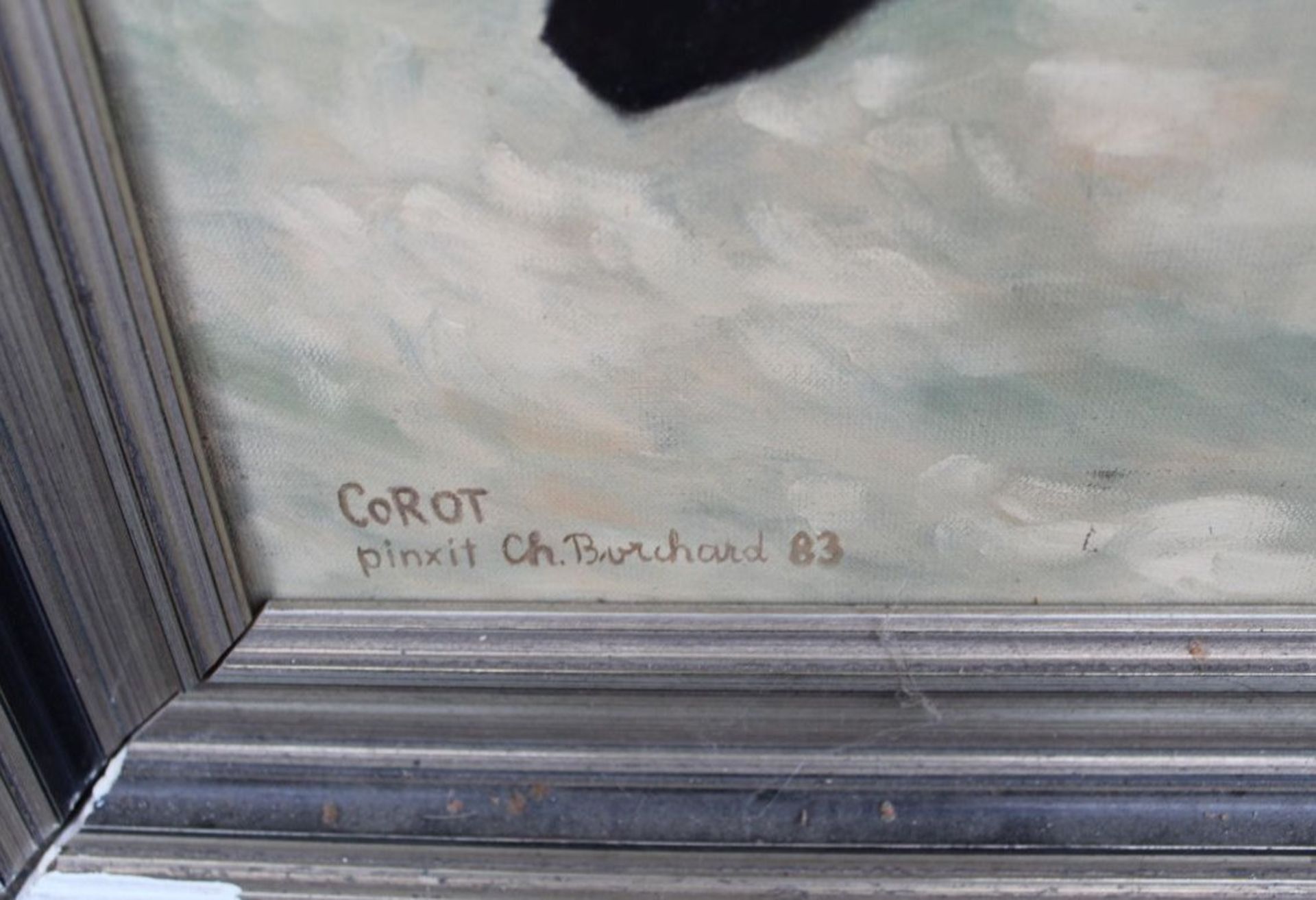 Ch. Borchard (18)83 "Cellospieler" Kopie nach Corot, Öl/Leinen, alt gerahmt, RG 82x63 cm - Bild 4 aus 5