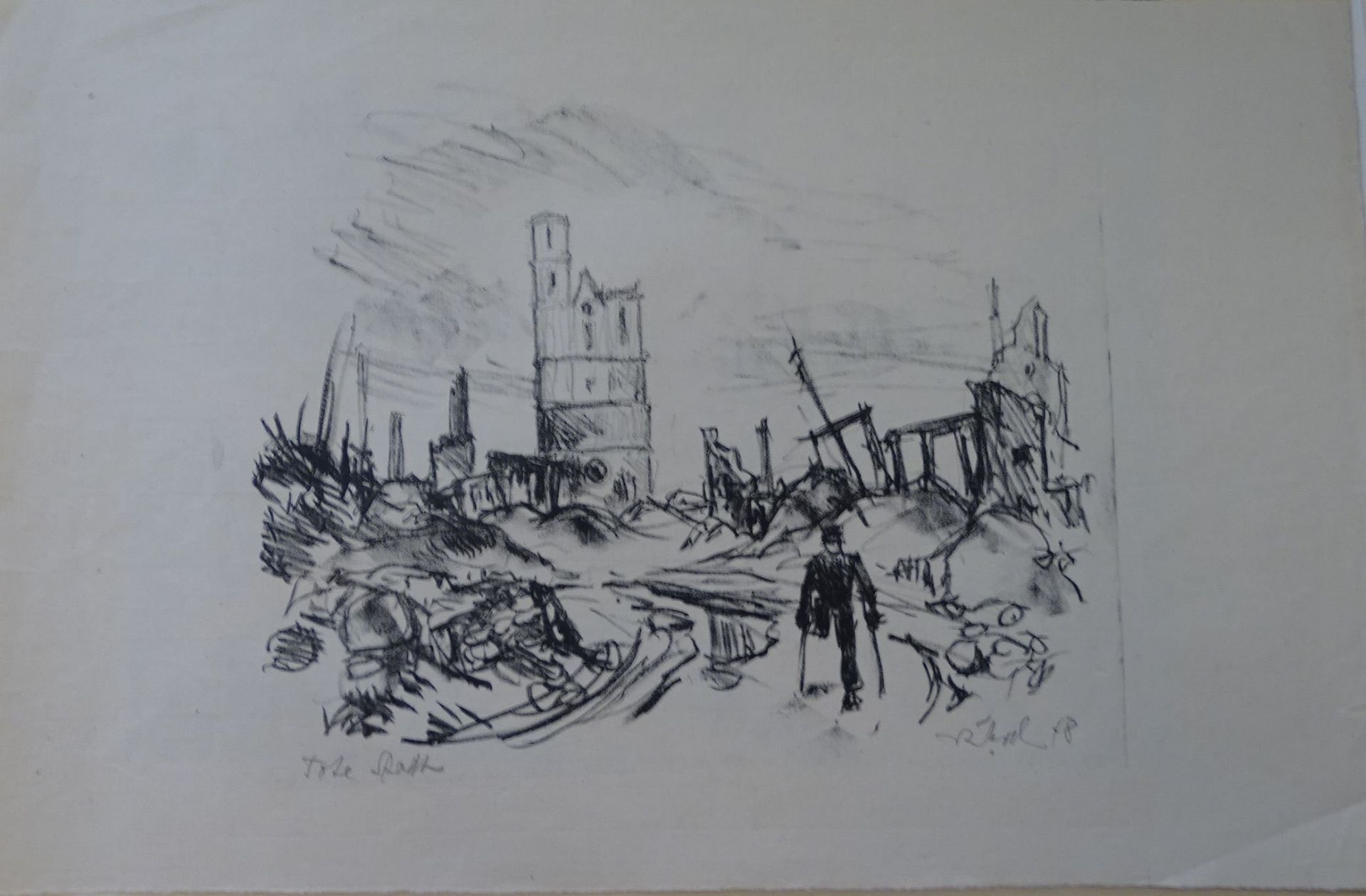 unleserl. signierte Lithografie, Tote Stadt betitelt, 1948, BG 31x48 cm