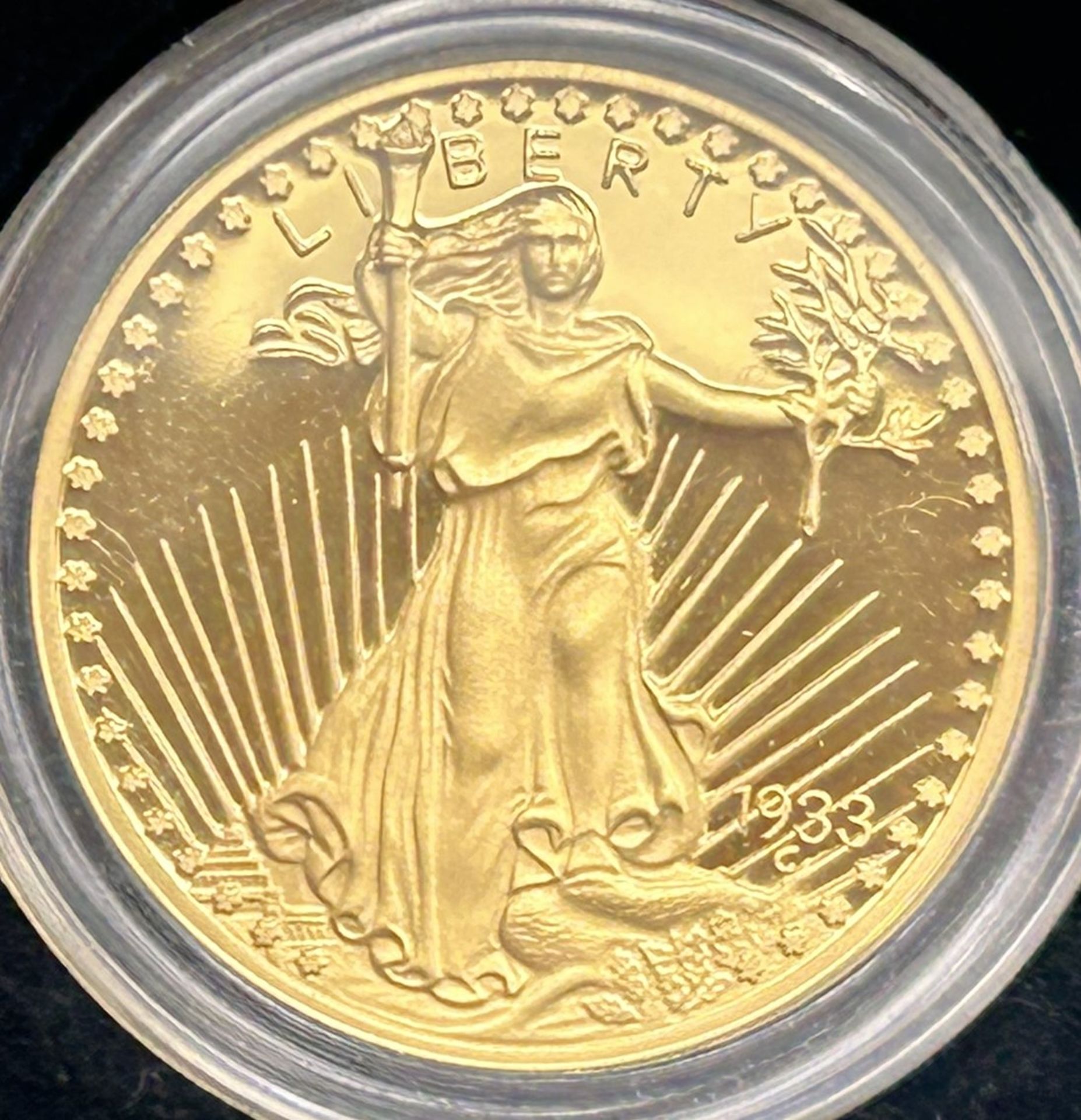 Goldmünze 20 Dollar 1933-Neuprägung, Gold-585-,9,76 gr.,  mit Zertifikat, D-29 mm - Bild 4 aus 5