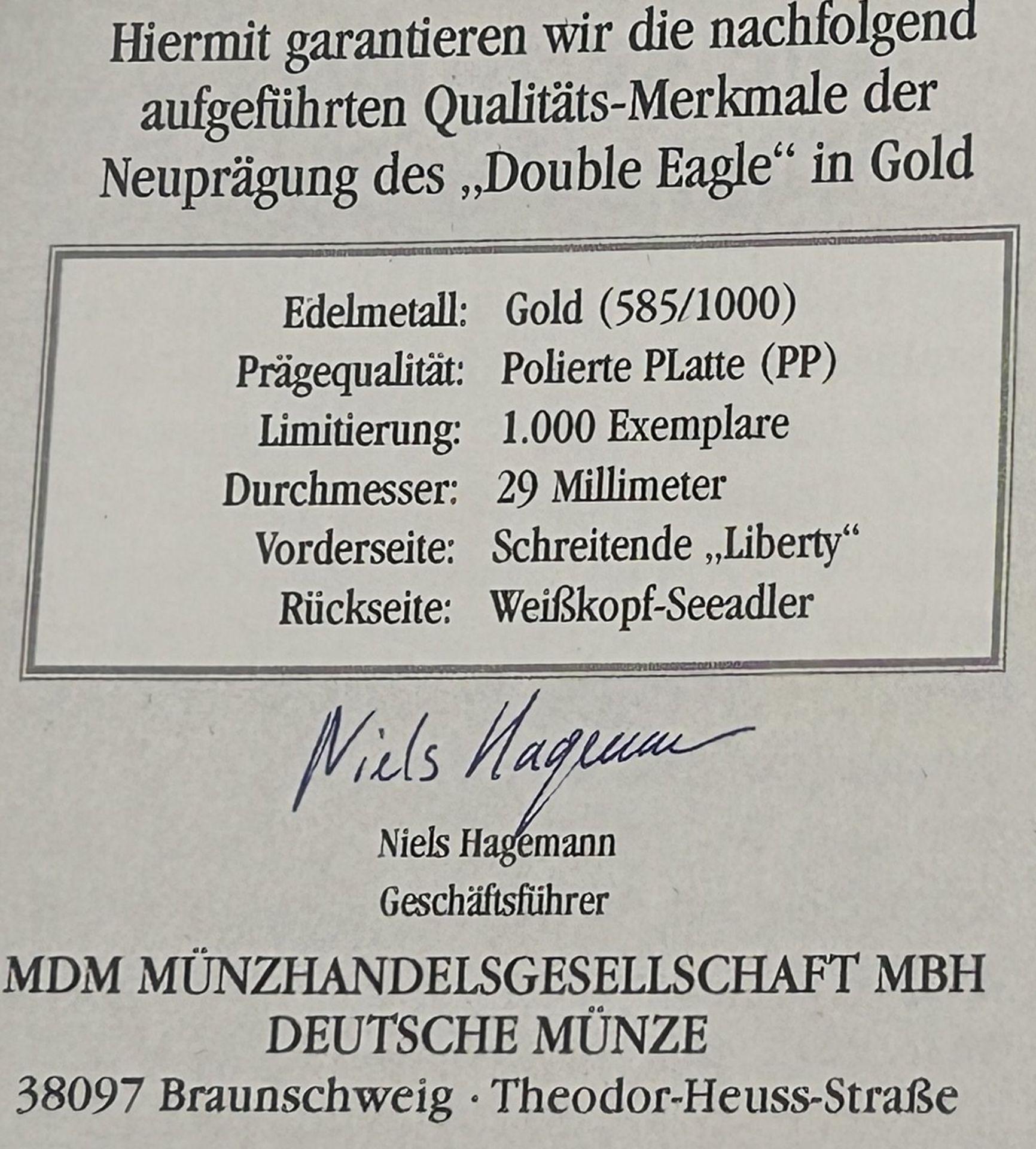 Goldmünze 20 Dollar 1933-Neuprägung, Gold-585-,9,76 gr.,  mit Zertifikat, D-29 mm - Bild 5 aus 5