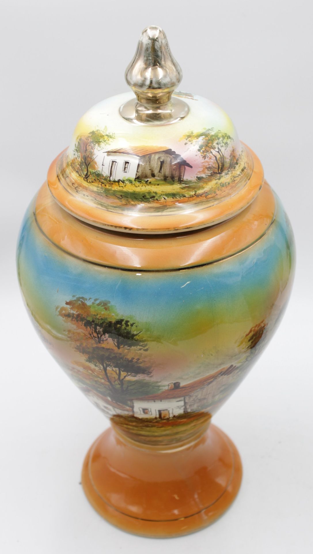 Majolika-Vasen-Paar, älter, Landschaftsbemalung in Unterglasur, 1x Deckel fehlt, ca. H-50cm u. 36cm - Bild 3 aus 7