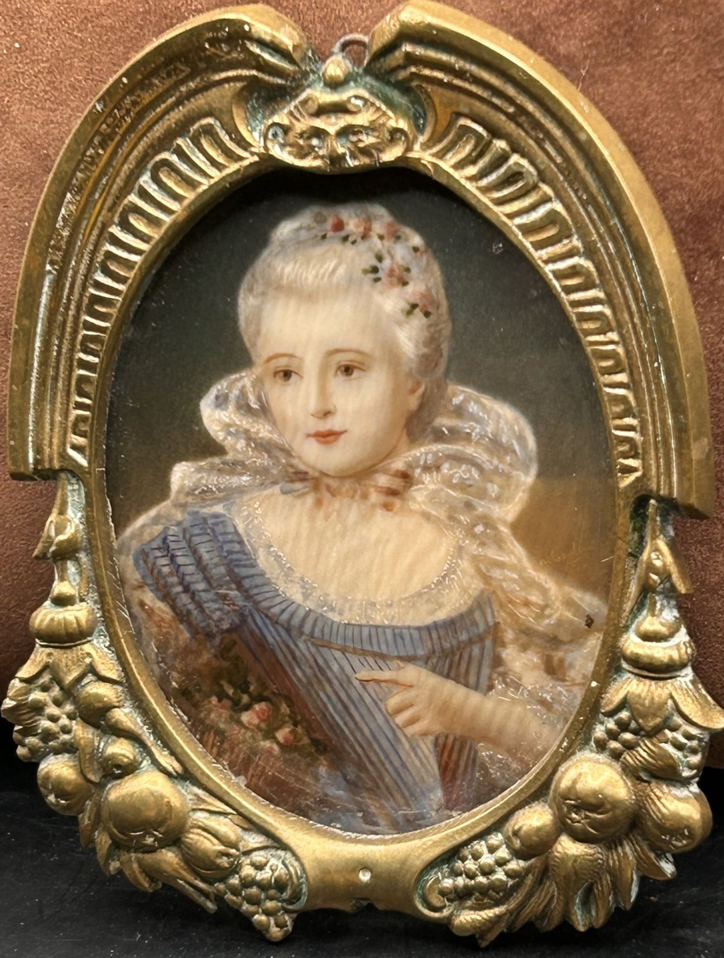 anonymes miniaturportrait um 1840 in massiven Messingrahmen/Glas, RG ca. 10x8 cm - Bild 2 aus 4