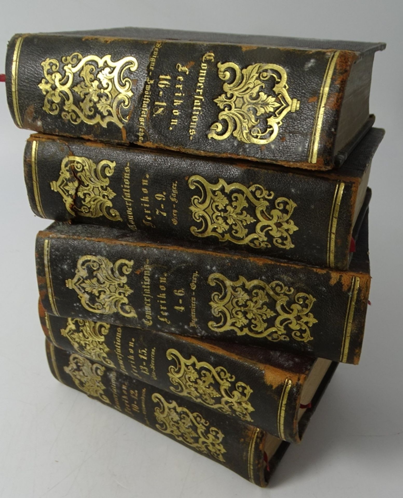 5 Bände Conservations-Lexicon,  1844, Lederrücken tw. beschädigt, 13,5x9 cm - Bild 2 aus 9