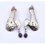 Paar große Ohrstecker mit Amethyst Cabochons, Silber gepr., 1x Cabochon beschädigt, L. 7,5cm, zus.1