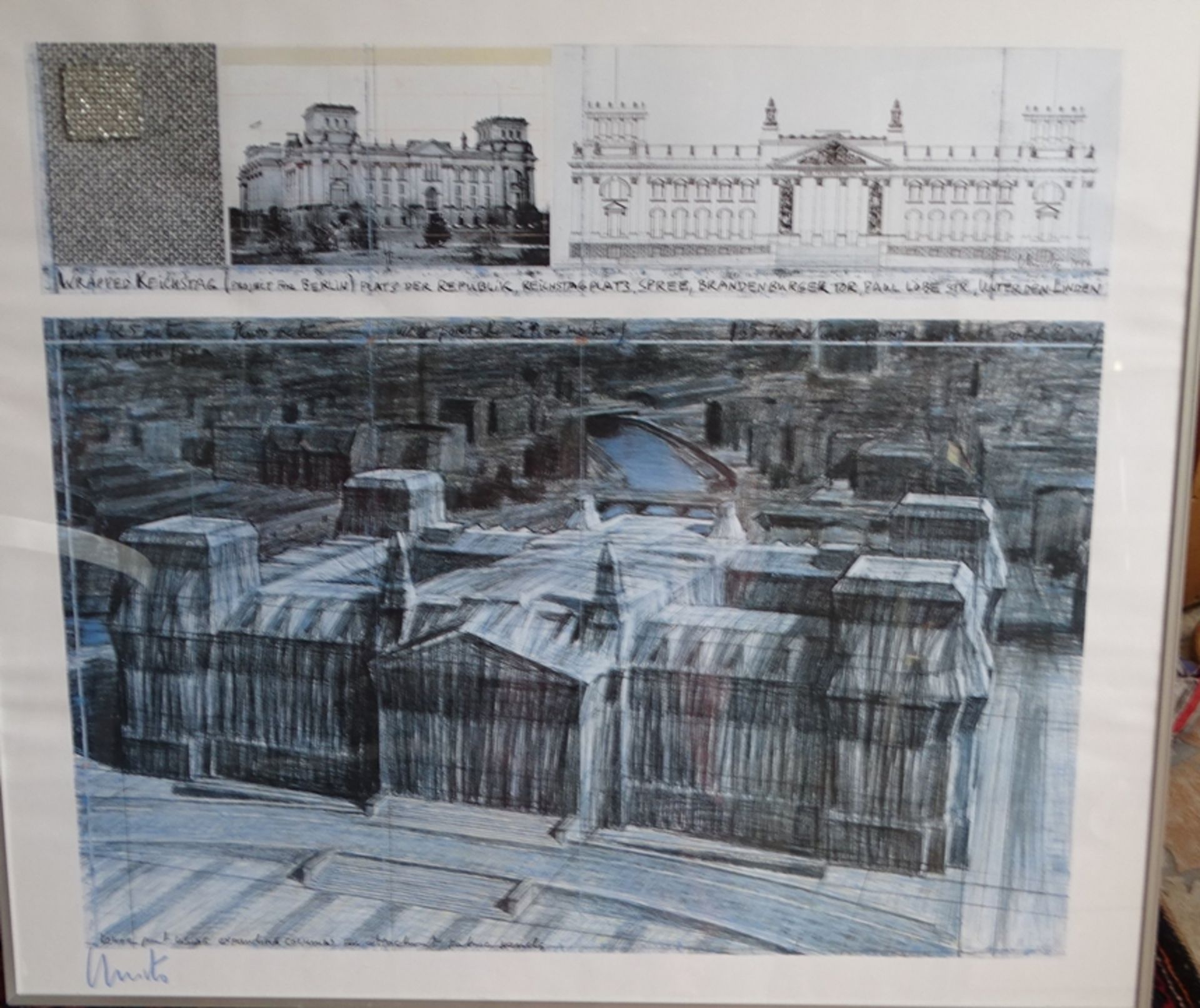 CHRISTO (1935-2020)  "Wrapped Reichstag" grosse signierte Lithografie, ger/Glas, RG 72x81 cm