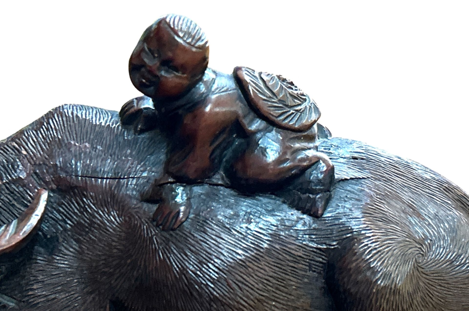 Holzschnitzerei, Wasserbüffel mit Reiter, wohl Vietnam?, H-11 cm, L-24 cm - Bild 2 aus 6