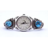 Damen Armbanduhr, Markenlos, Silbermontur mit Koralle und türkisfarbenen Steinen, Quartzwerk, Funkt