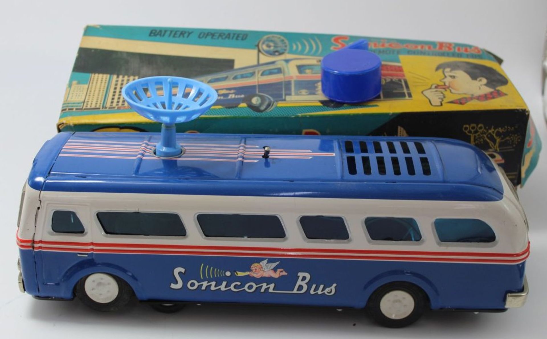 "Sonicon Bus" Blechgehäuse und Orig. Karton, mit Trillerpfeife als Fernbedienung?, Batteriebetrieb,