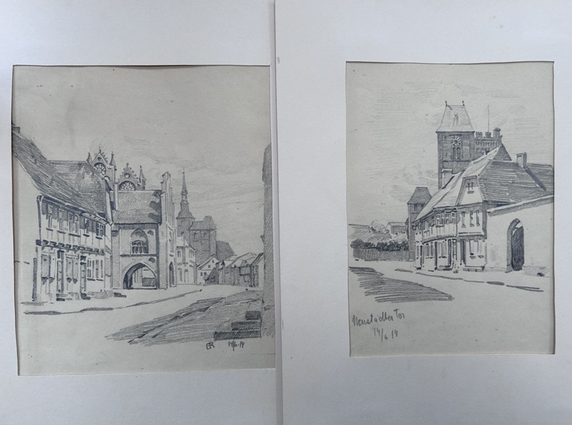 ER, 1914, 2x Stiftzeichnungen, wohl beide Gießen, 1x Neustädter Tor in PP., BG je. 30x23 cm