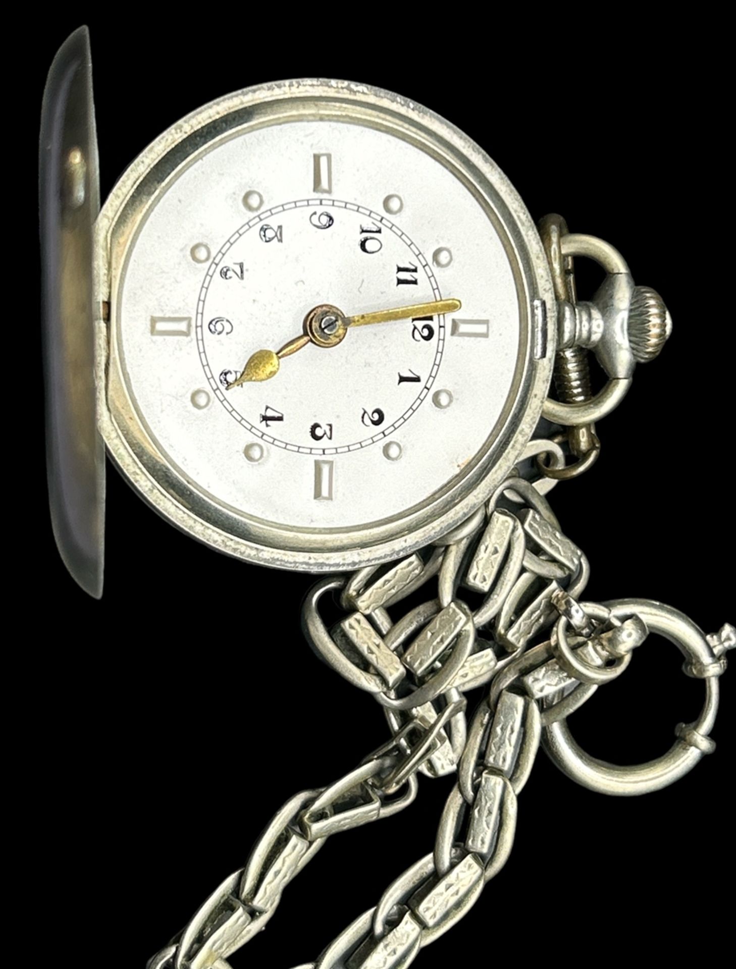 mechan. Blinden Taschenuhr mit Uhrenkette, Werk läuft,D-ca. 5 cm - Bild 2 aus 6