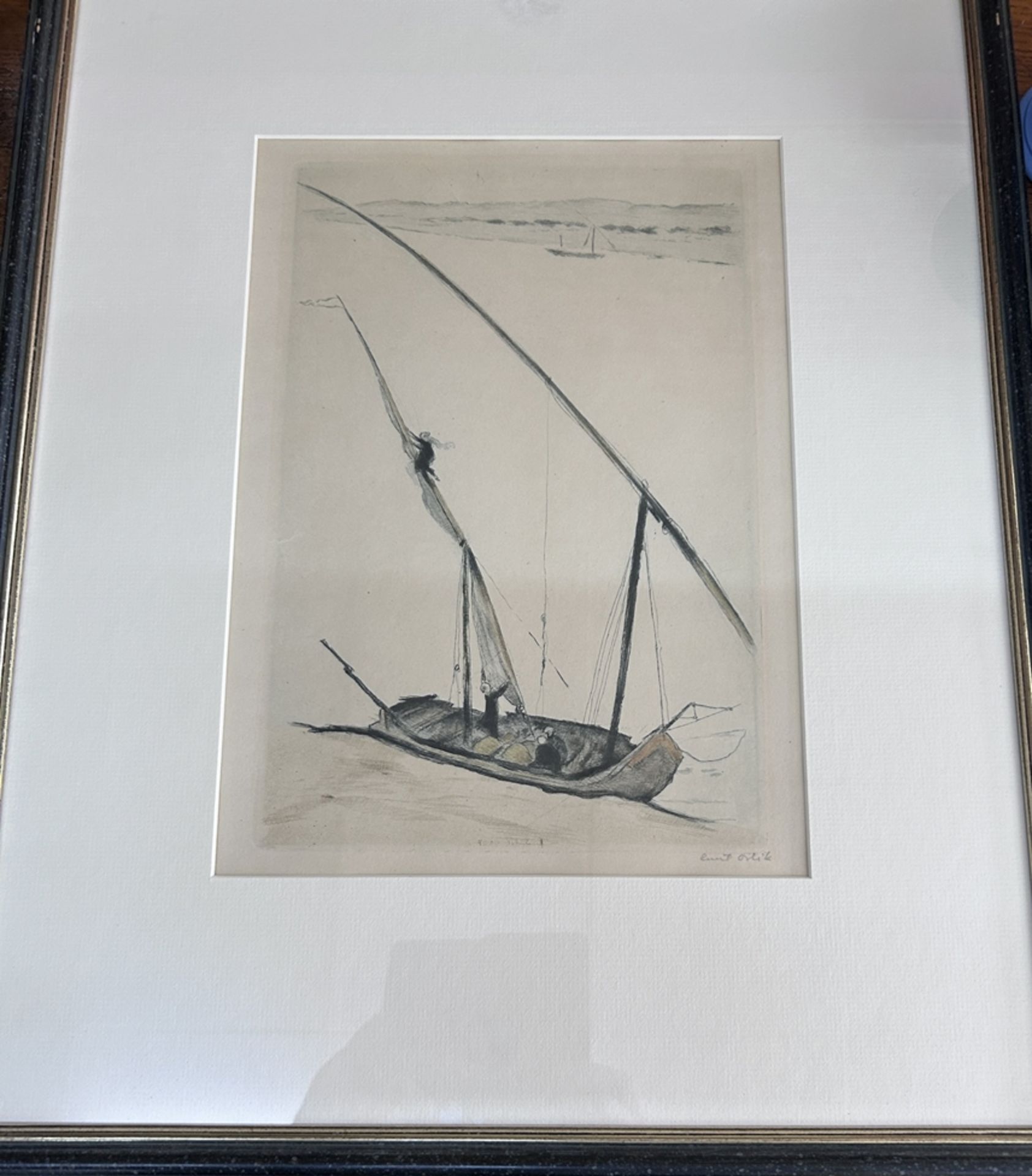 Emil ORLIK (1870-1932) "Fischerboot am Strand" orig. Radierung, ger/Glas,